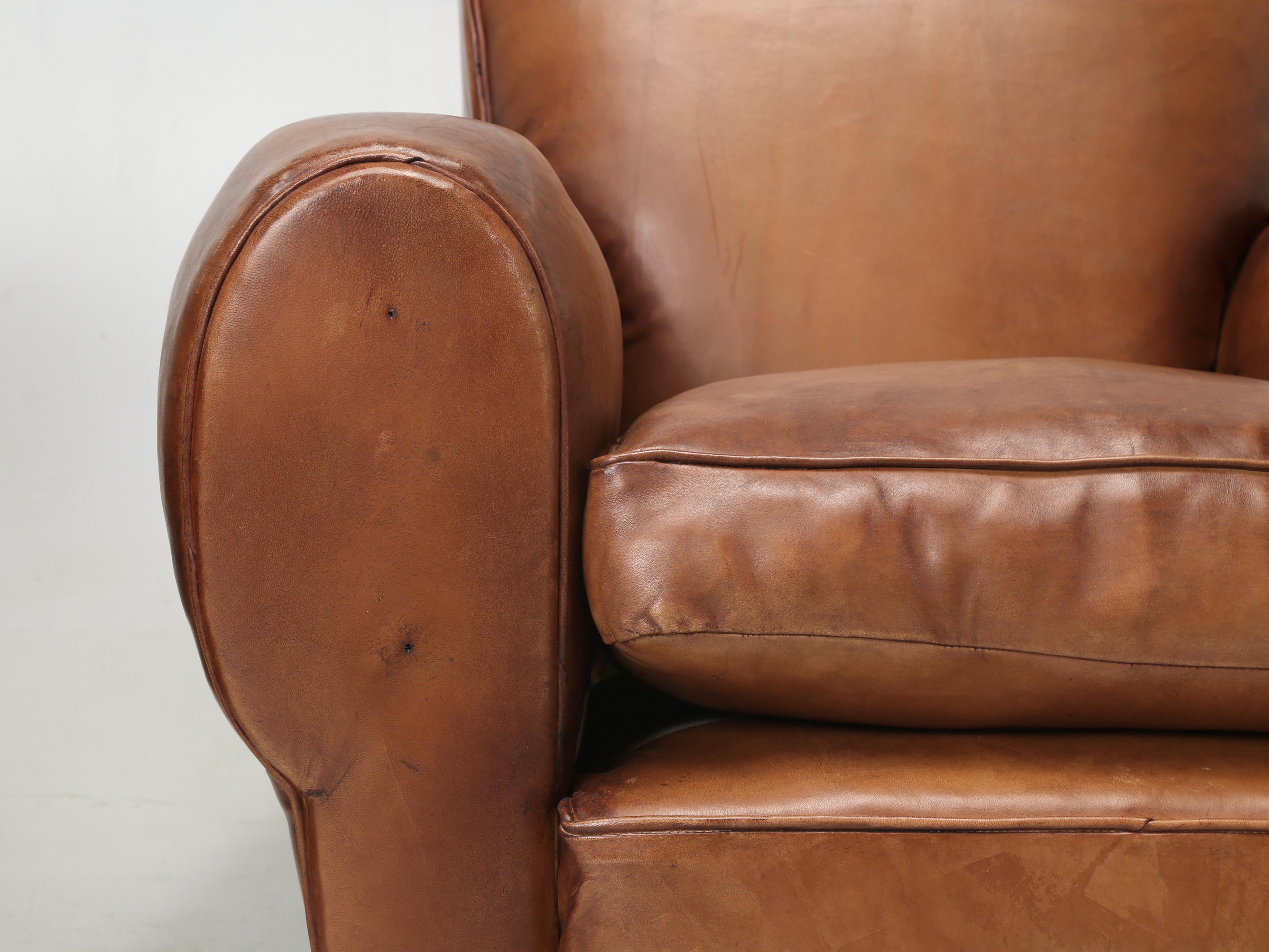 Pair French Leather Club Chairs Restored in France New Sheep's Leather c1930's 5
