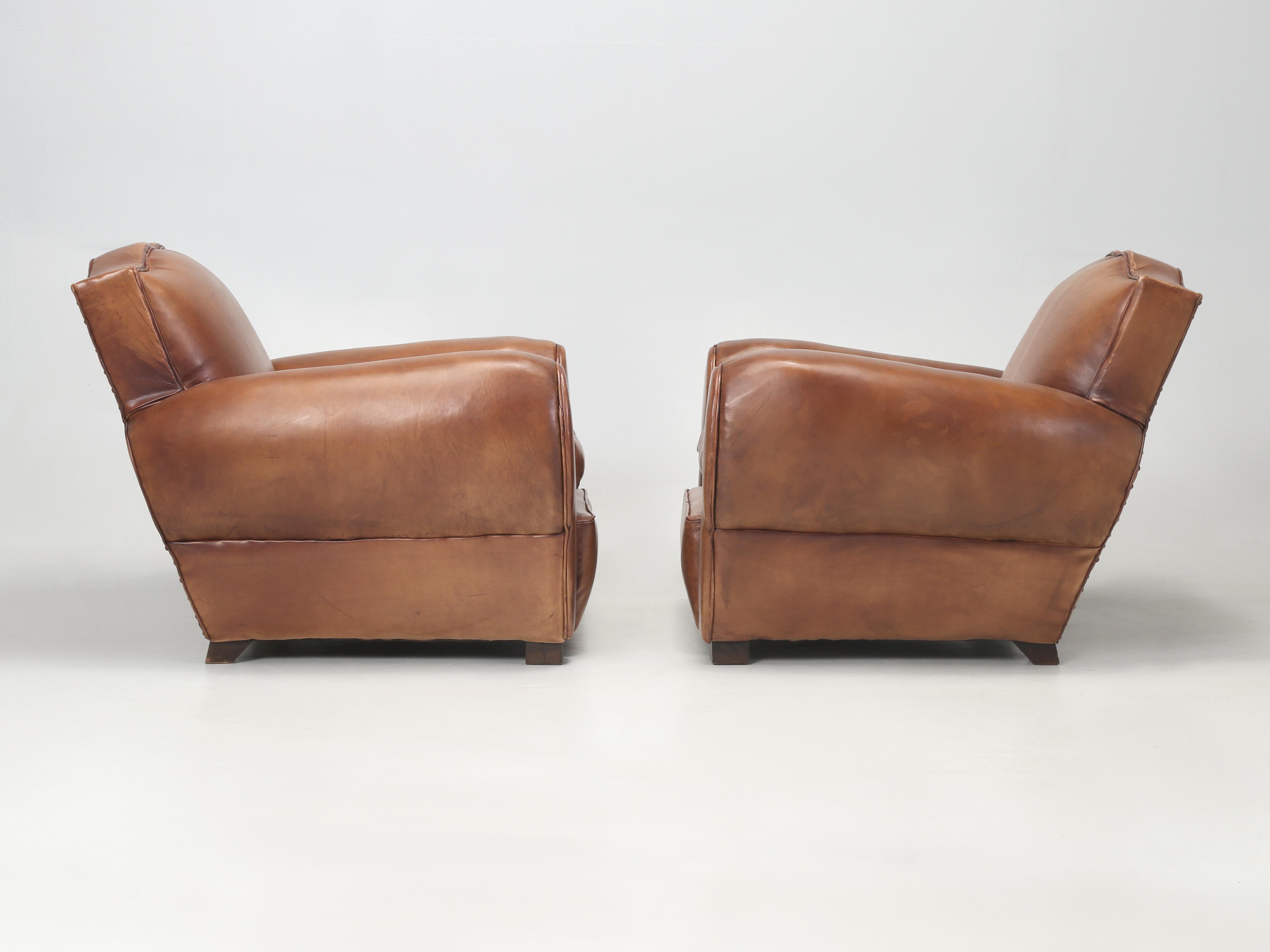 Pair French Leather Club Chairs Restored in France New Sheep's Leather c1930's 7