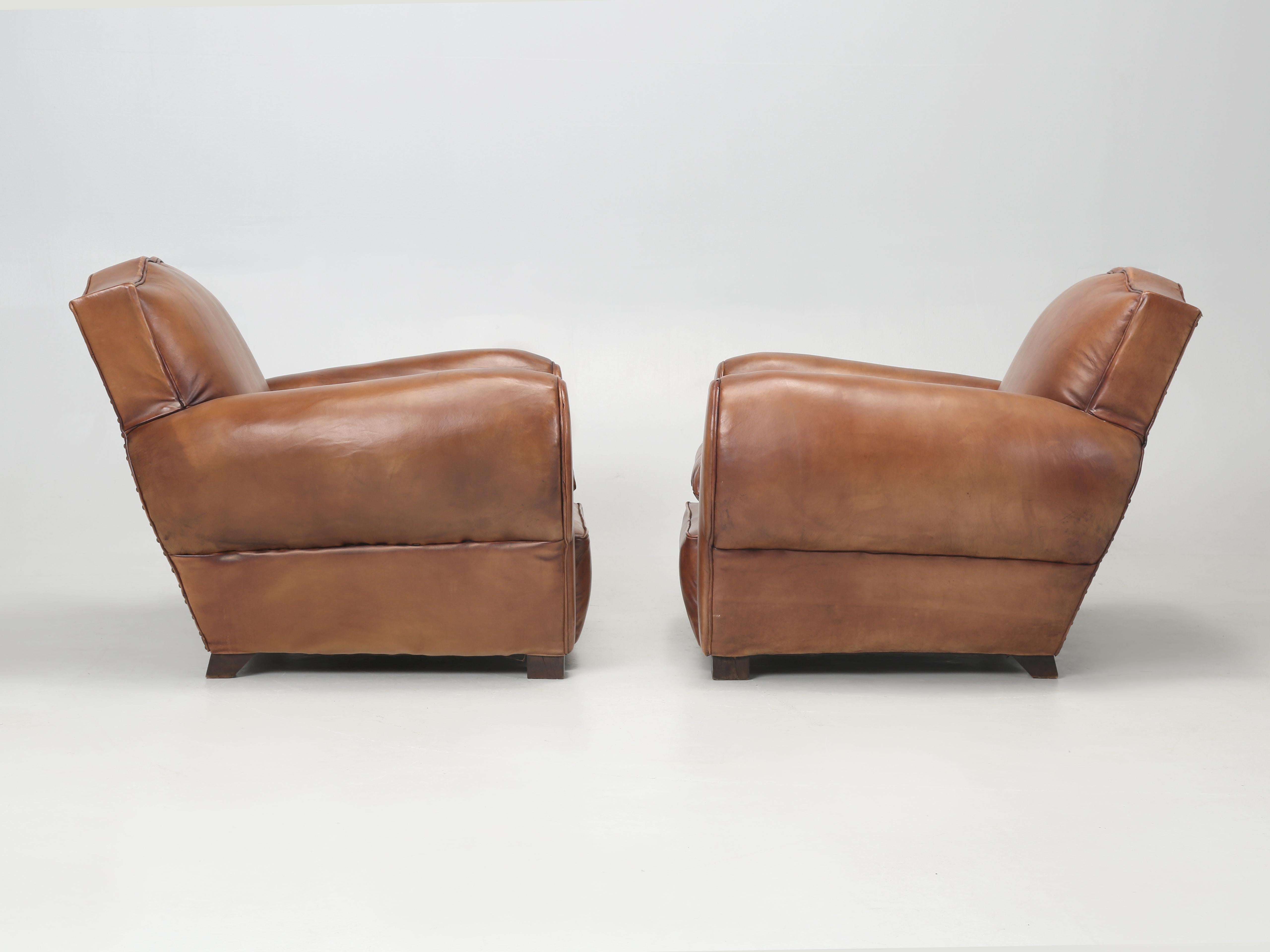 Pair French Leather Club Chairs Restored in France New Sheep's Leather c1930's 8