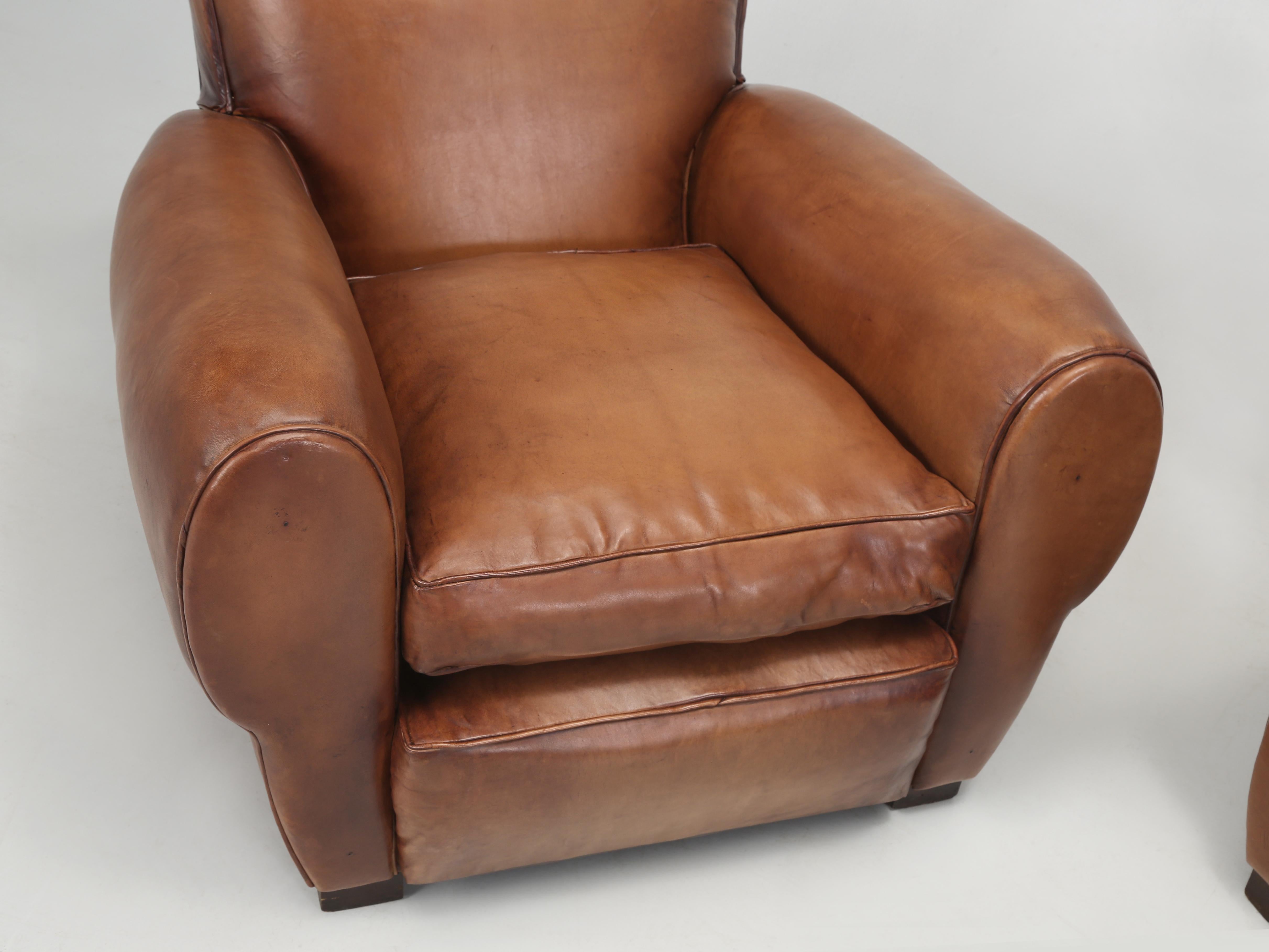 Mid-20th Century Pair French Leather Club Chairs Restored in France New Sheep's Leather c1930's