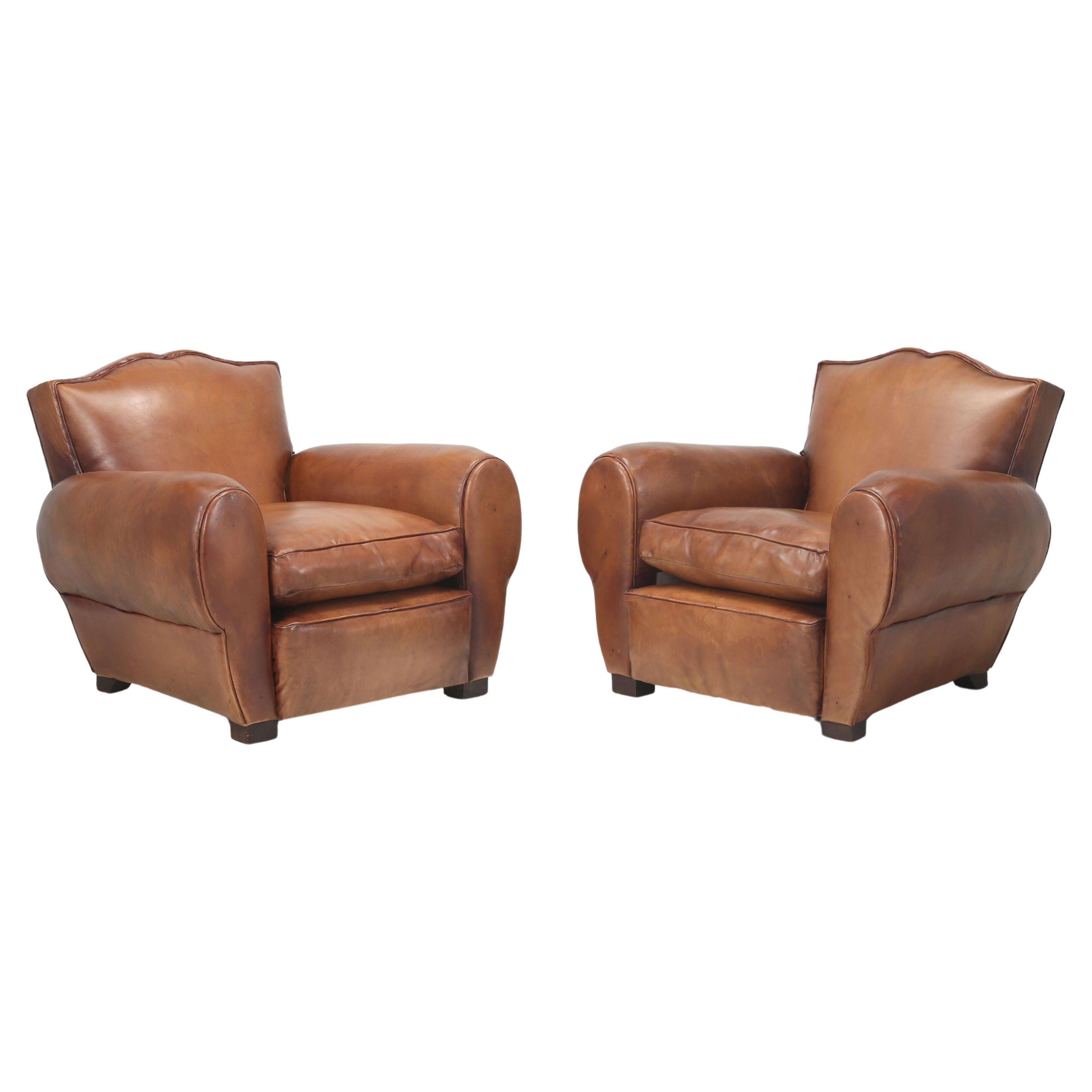Pair French Leather Club Chairs Restored in France New Sheep's Leather c1930's