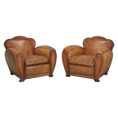 Pair French Leather Club Chairs That Were Restored Correctly on the Inside Only