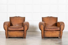 Pair French Leather Moustache Back Club Armchairs