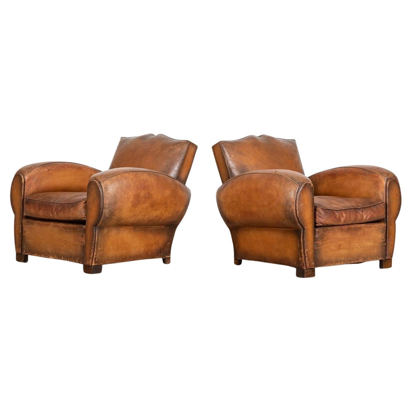 Pair French Leather Moustache Back Club Armchairs