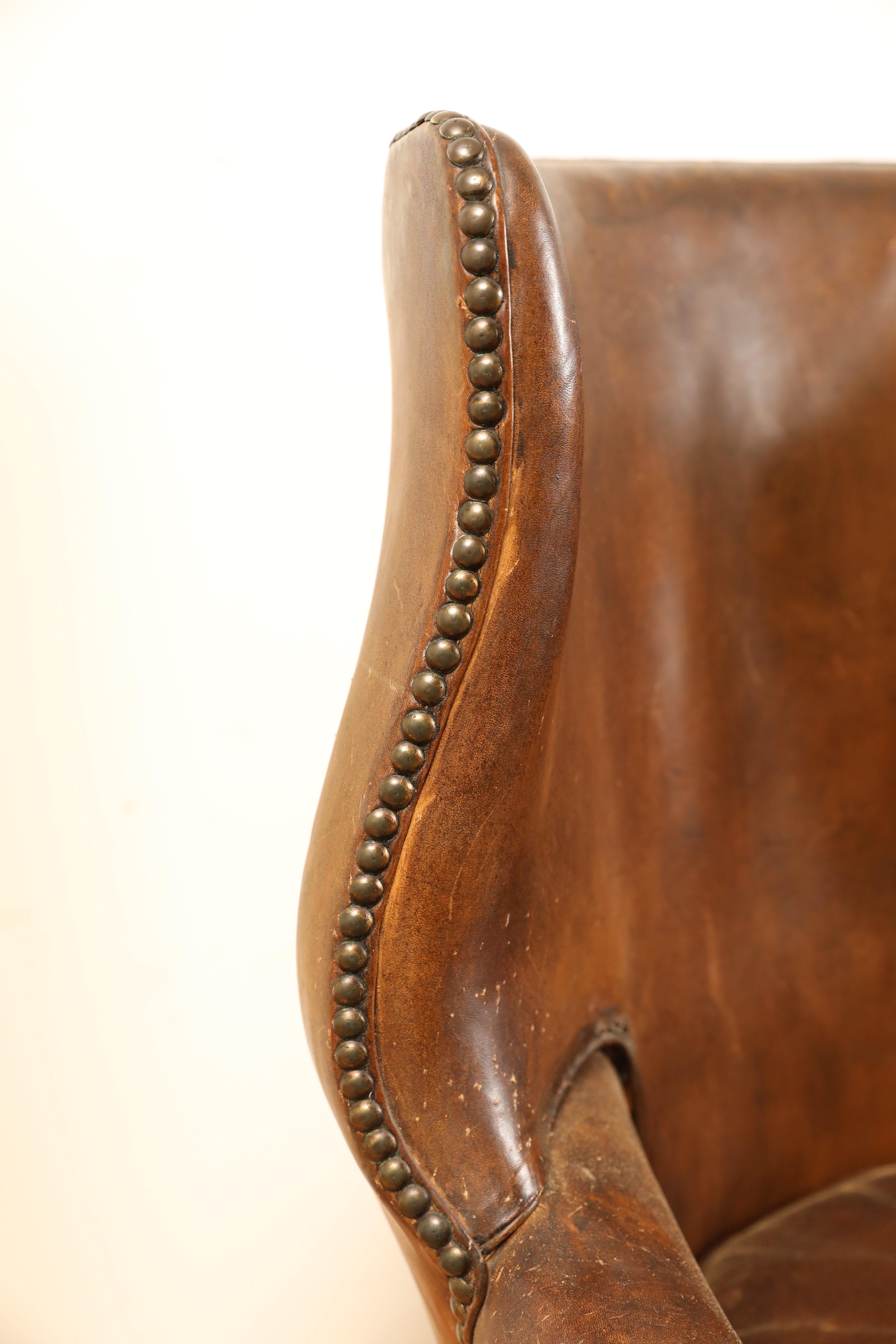 Pair French Leather Upholstered Wing Chairs in the Georgian Taste, ca. 1900 6
