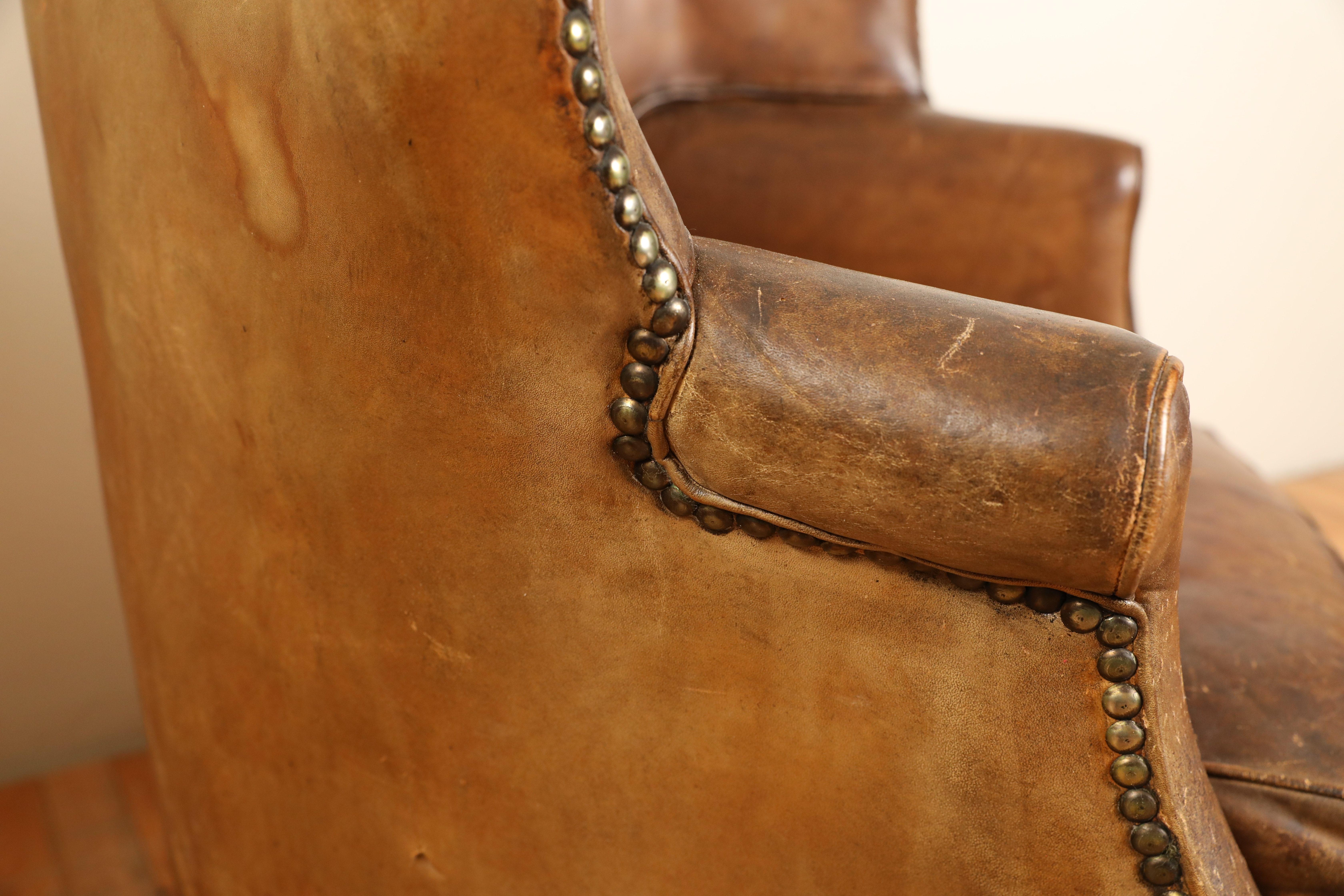Pair French Leather Upholstered Wing Chairs in the Georgian Taste, ca. 1900 7