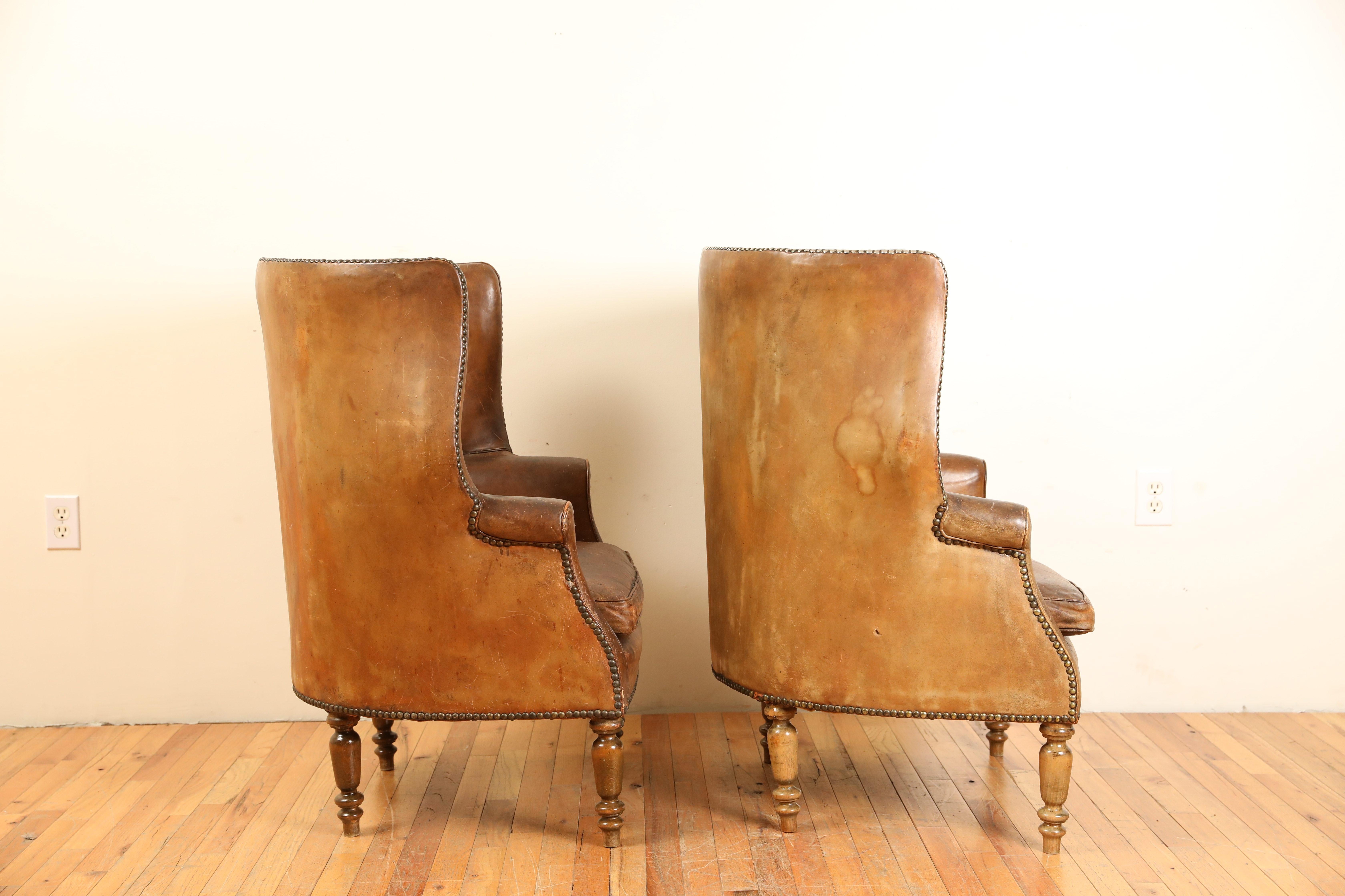 Pair French Leather Upholstered Wing Chairs in the Georgian Taste, ca. 1900 1