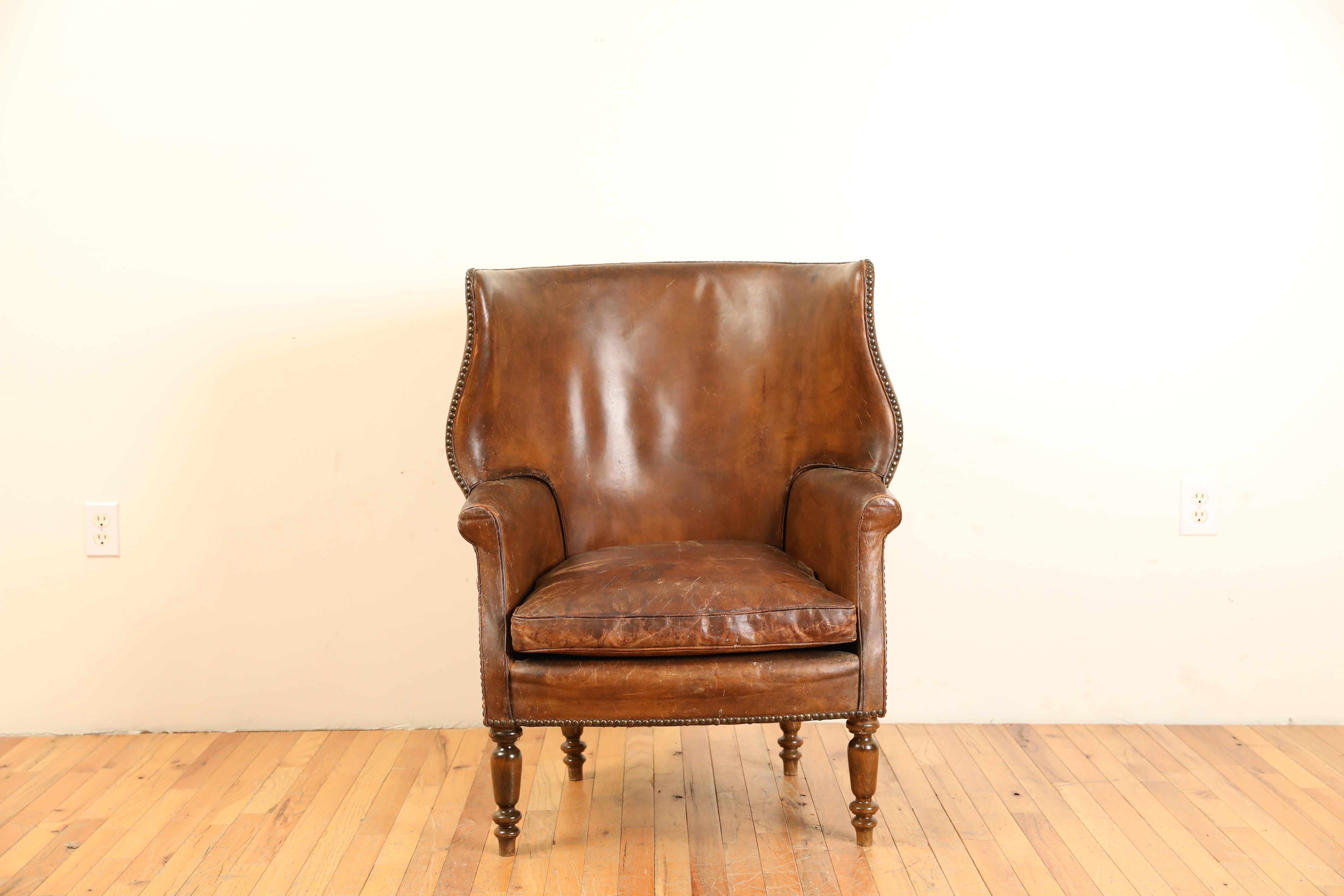 Pair French Leather Upholstered Wing Chairs in the Georgian Taste, ca. 1900 2