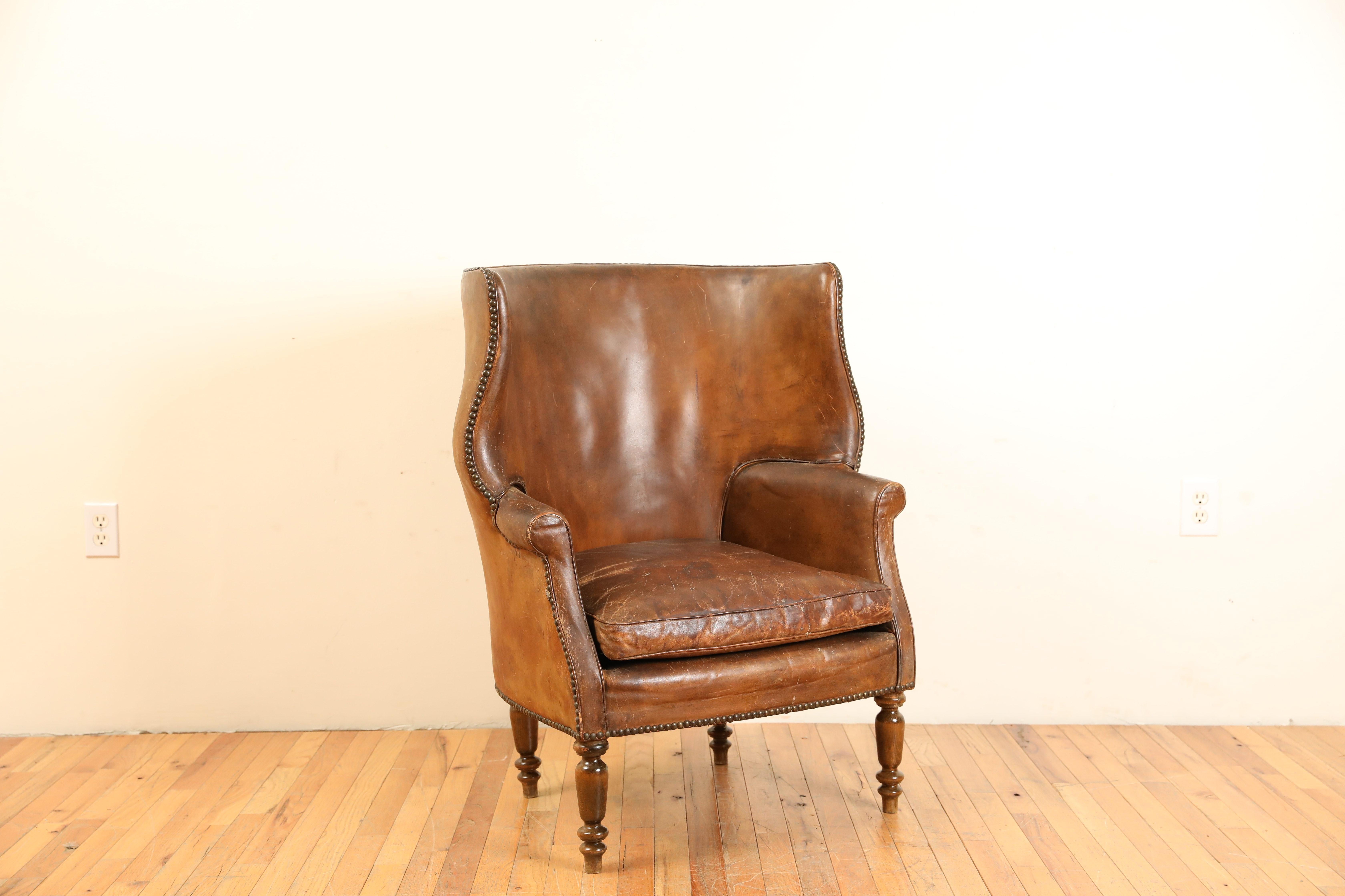 Pair French Leather Upholstered Wing Chairs in the Georgian Taste, ca. 1900 3