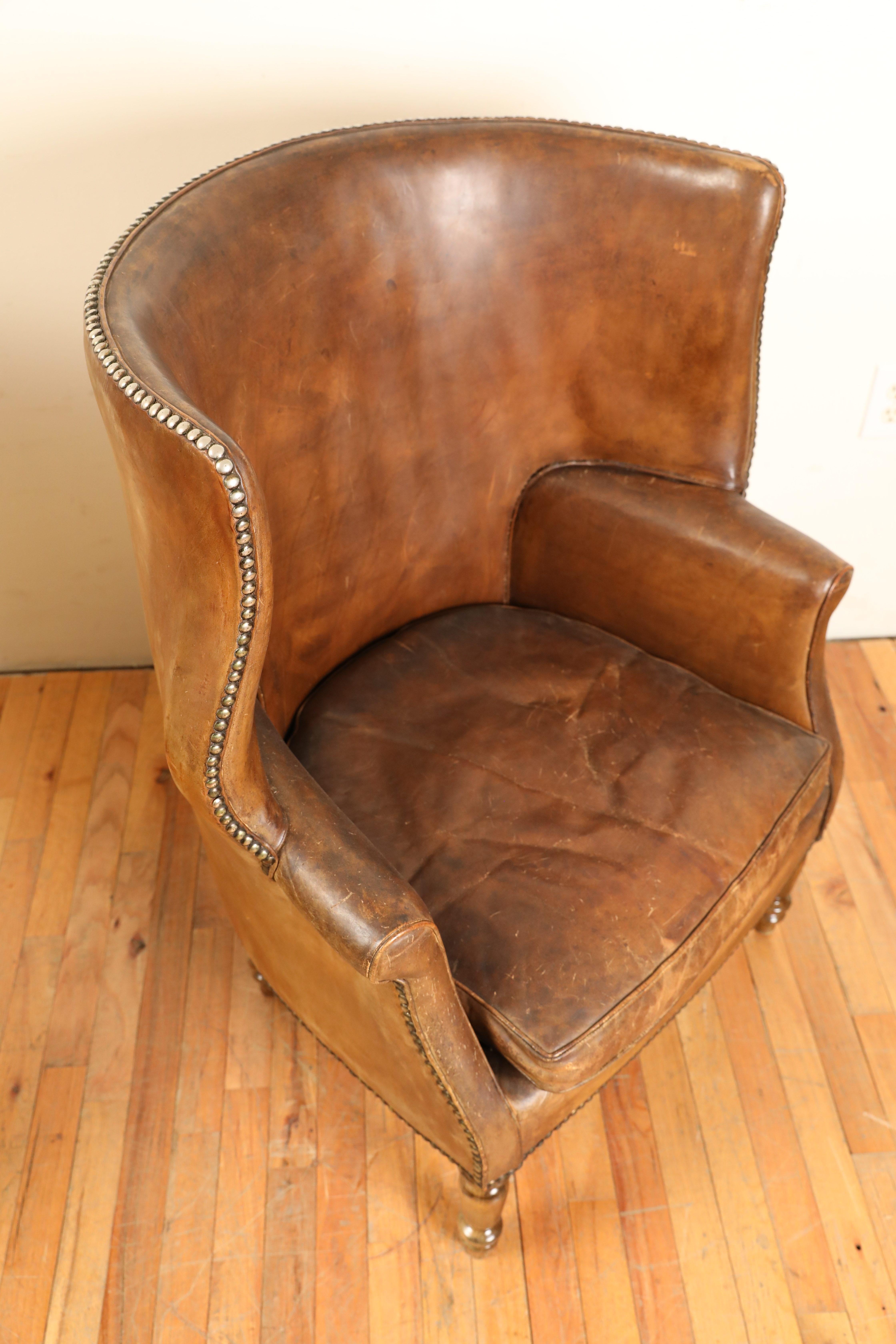 Pair French Leather Upholstered Wing Chairs in the Georgian Taste, ca. 1900 4