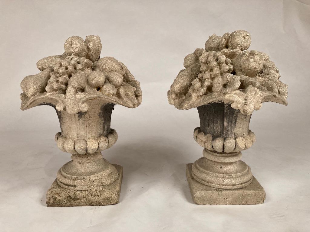 Carved Pair French Limestone Cornucopia Garden Urns For Sale