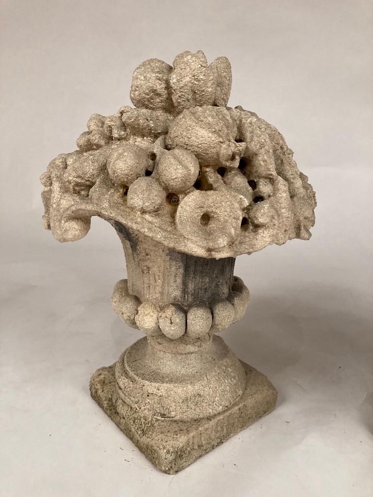 Pair French Limestone Cornucopia Garden Urns For Sale 2