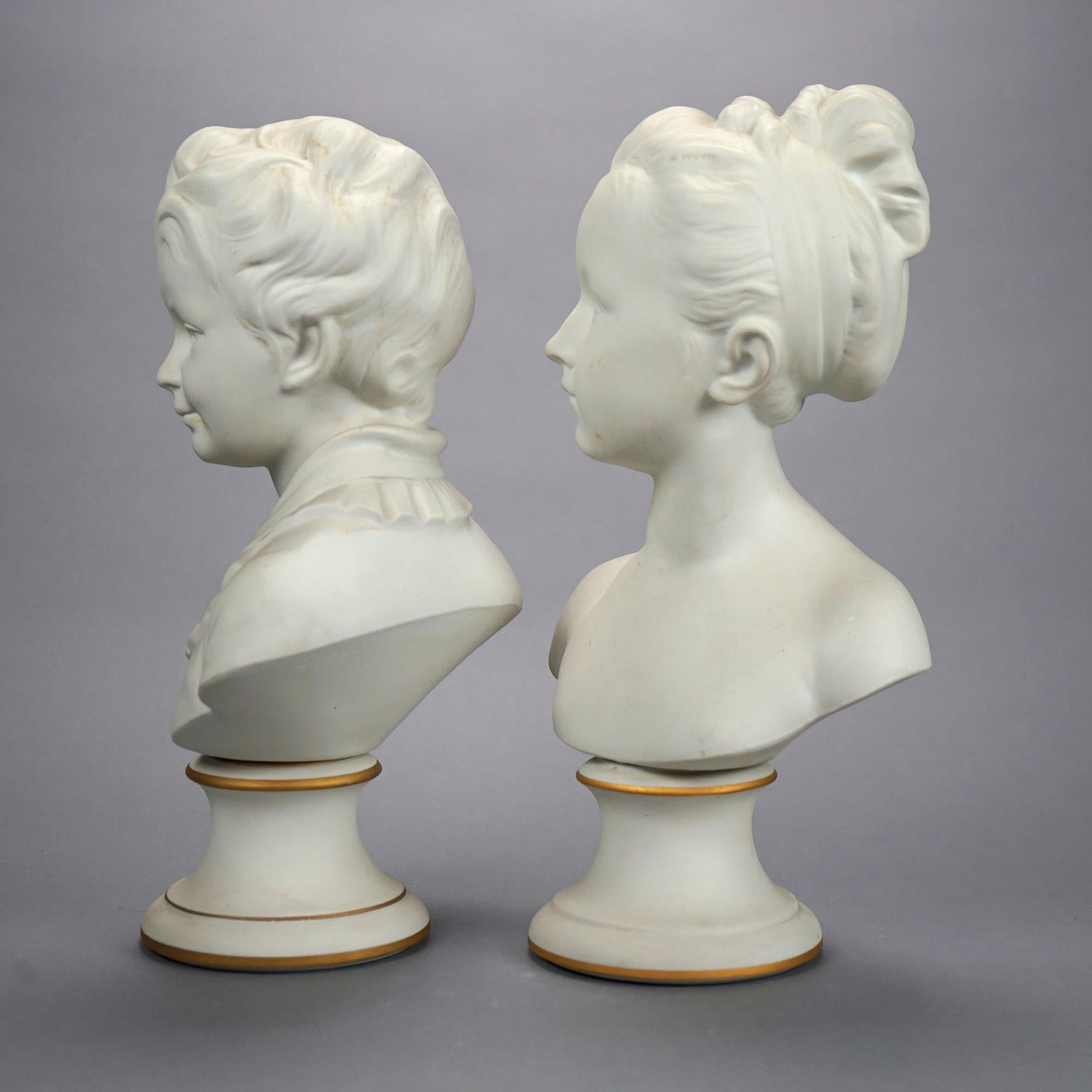 Pair French Limoges Parian Porcelain Bust Sculptures of Young Boy & Girl, 20th C In Good Condition For Sale In Big Flats, NY