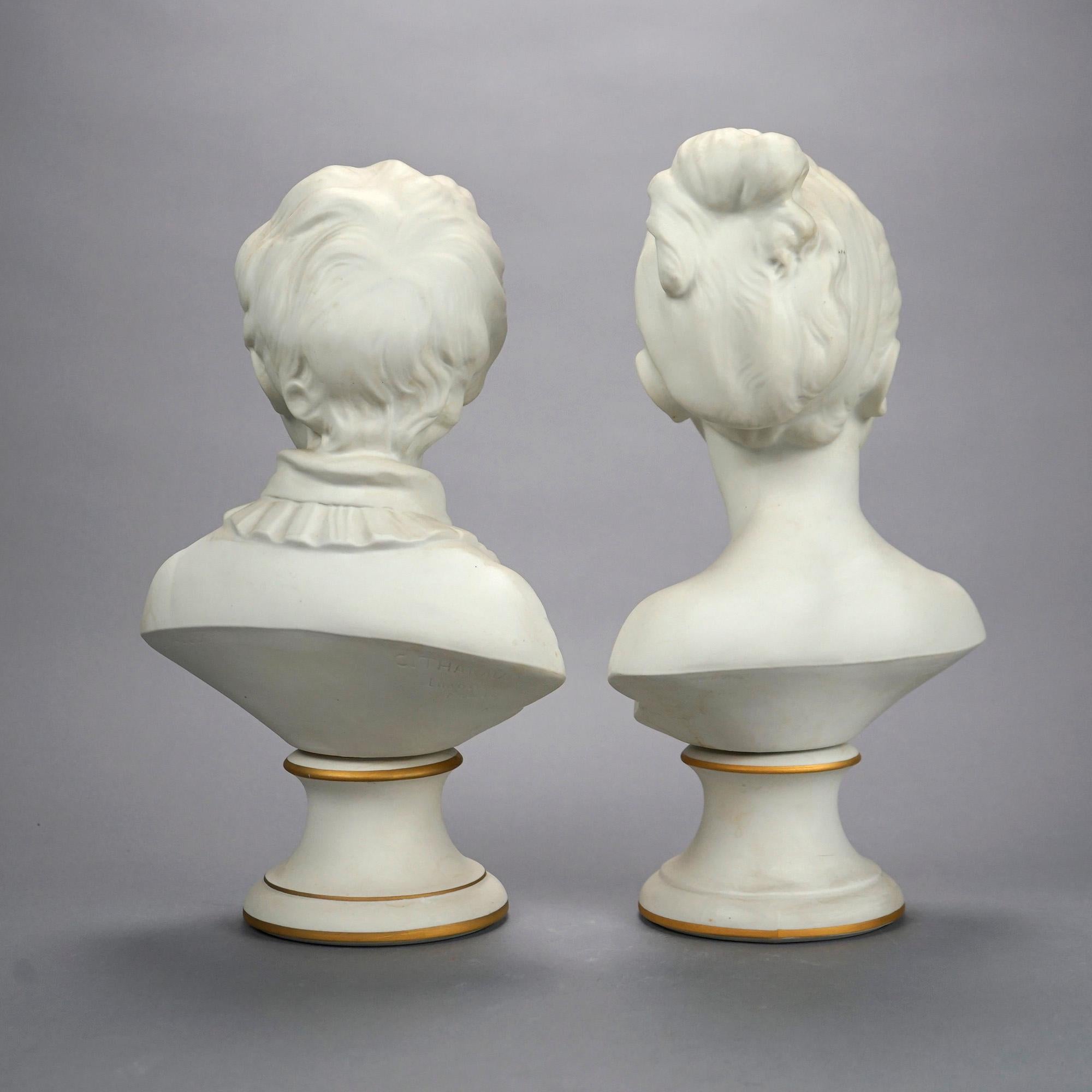 20th Century Pair French Limoges Parian Porcelain Bust Sculptures of Young Boy & Girl, 20th C For Sale