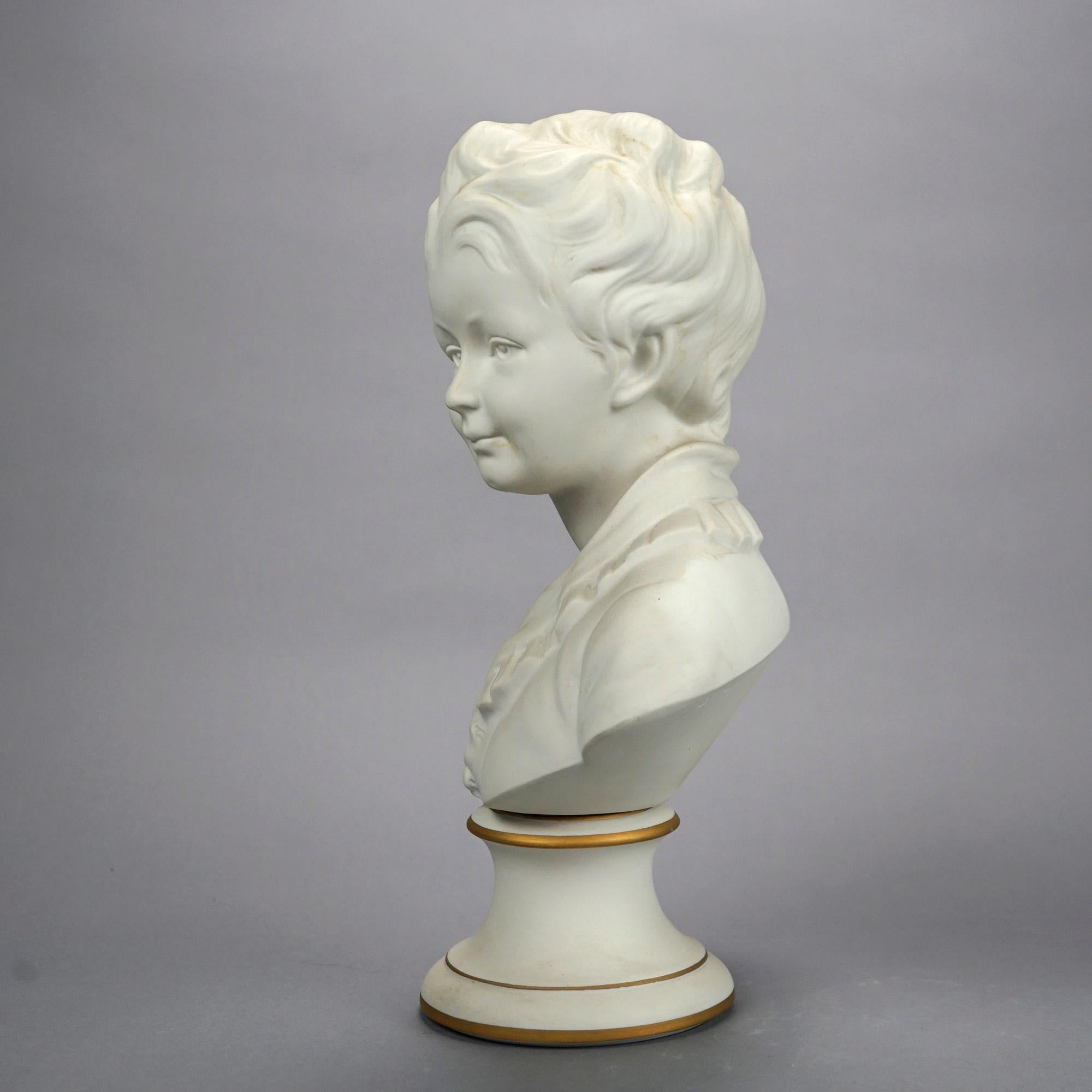 Pair French Limoges Parian Porcelain Bust Sculptures of Young Boy & Girl, 20th C For Sale 1