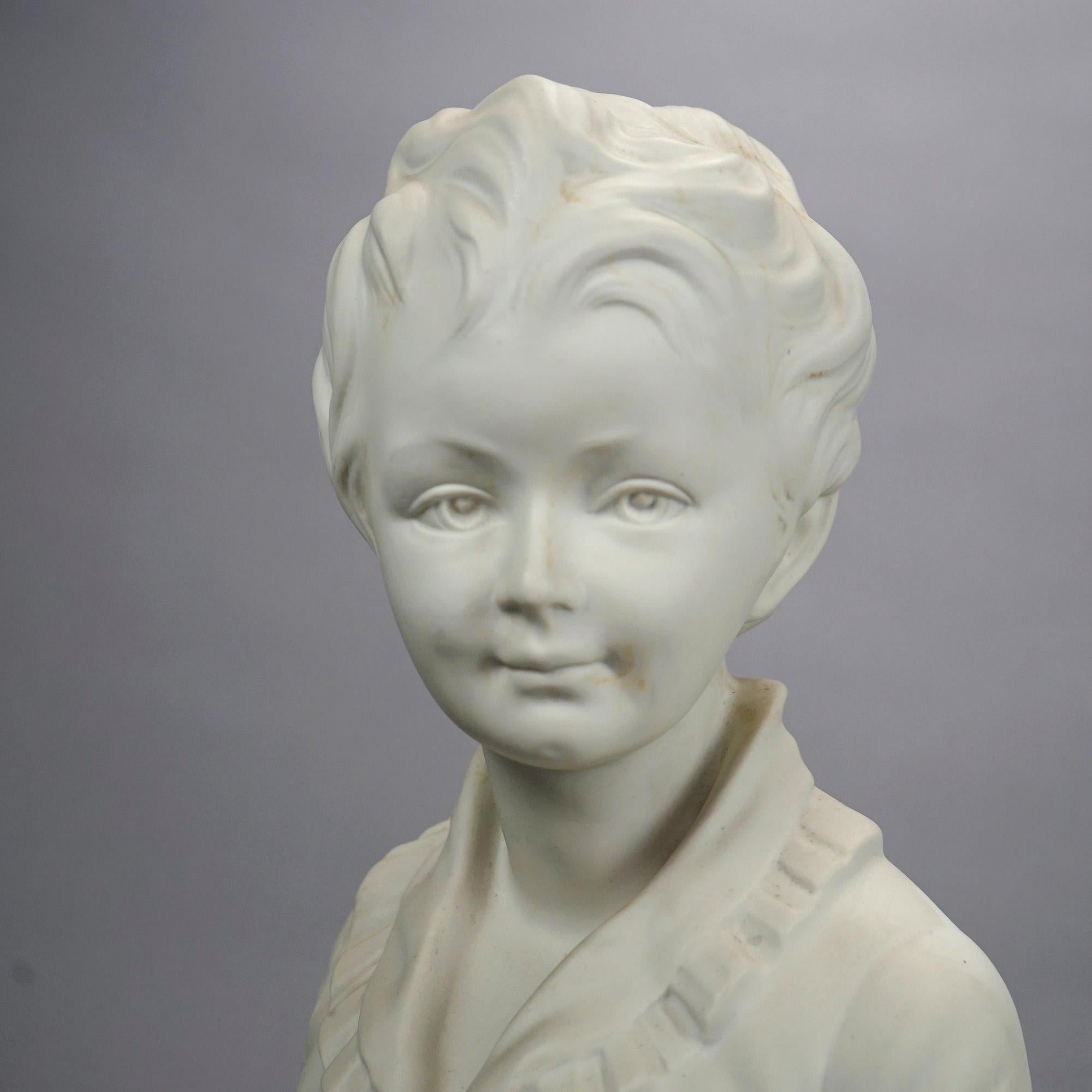 Pair French Limoges Parian Porcelain Bust Sculptures of Young Boy & Girl, 20th C For Sale 3