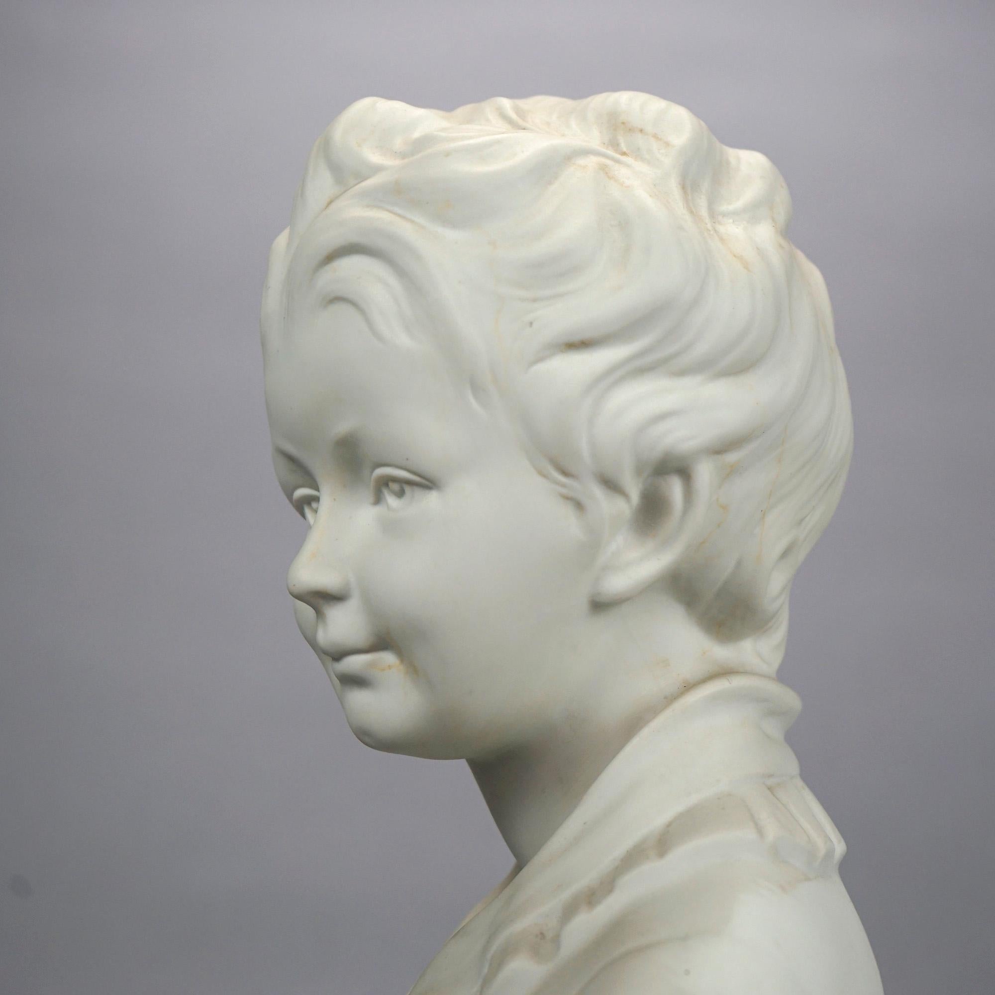 Pair French Limoges Parian Porcelain Bust Sculptures of Young Boy & Girl, 20th C For Sale 4