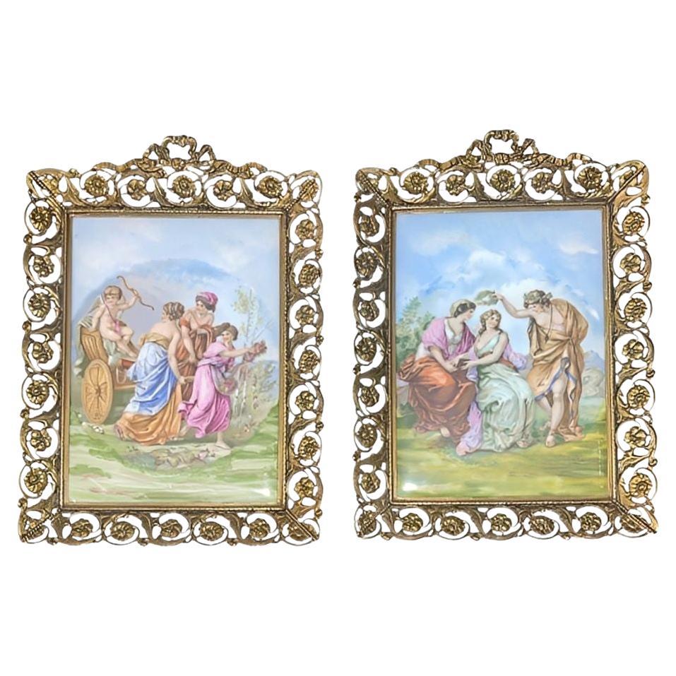 Pair French Limoges Porcelain Plaques in Ornate Gilt Metal Frames. Early 20th C.