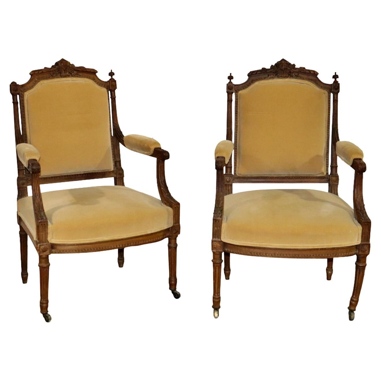 Pair of Carved Walnut French Louis XV Open Armchairs Bergere Chairs at ...