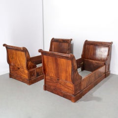 Pair, French Louis Philippe Burl Walnut Sleigh Beds with Hein & Kopins Boxspring
