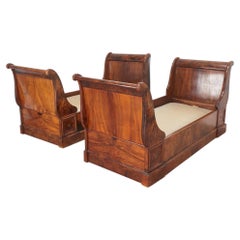 Pair, French Louis Philippe Burl Walnut Sleigh Beds with Hein & Kopins Boxspring