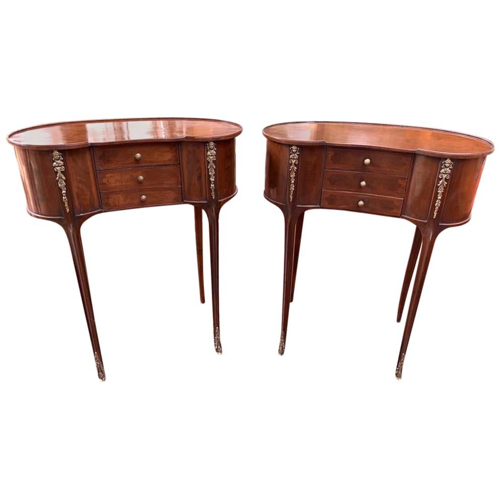 Pair of French Louis Philippe Kidney Side Table Nightstands Bedside Chests