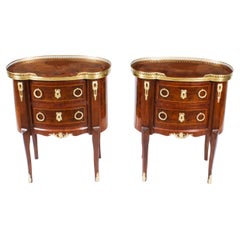 Pair French Louis Revival Walnut Bedside Chests Side Tables Late 20th Century