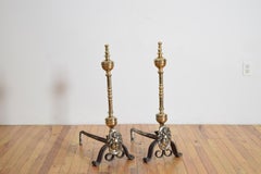 Pair French Louis XIV Period Brass & Wrought Iron Andirons, early 18th century