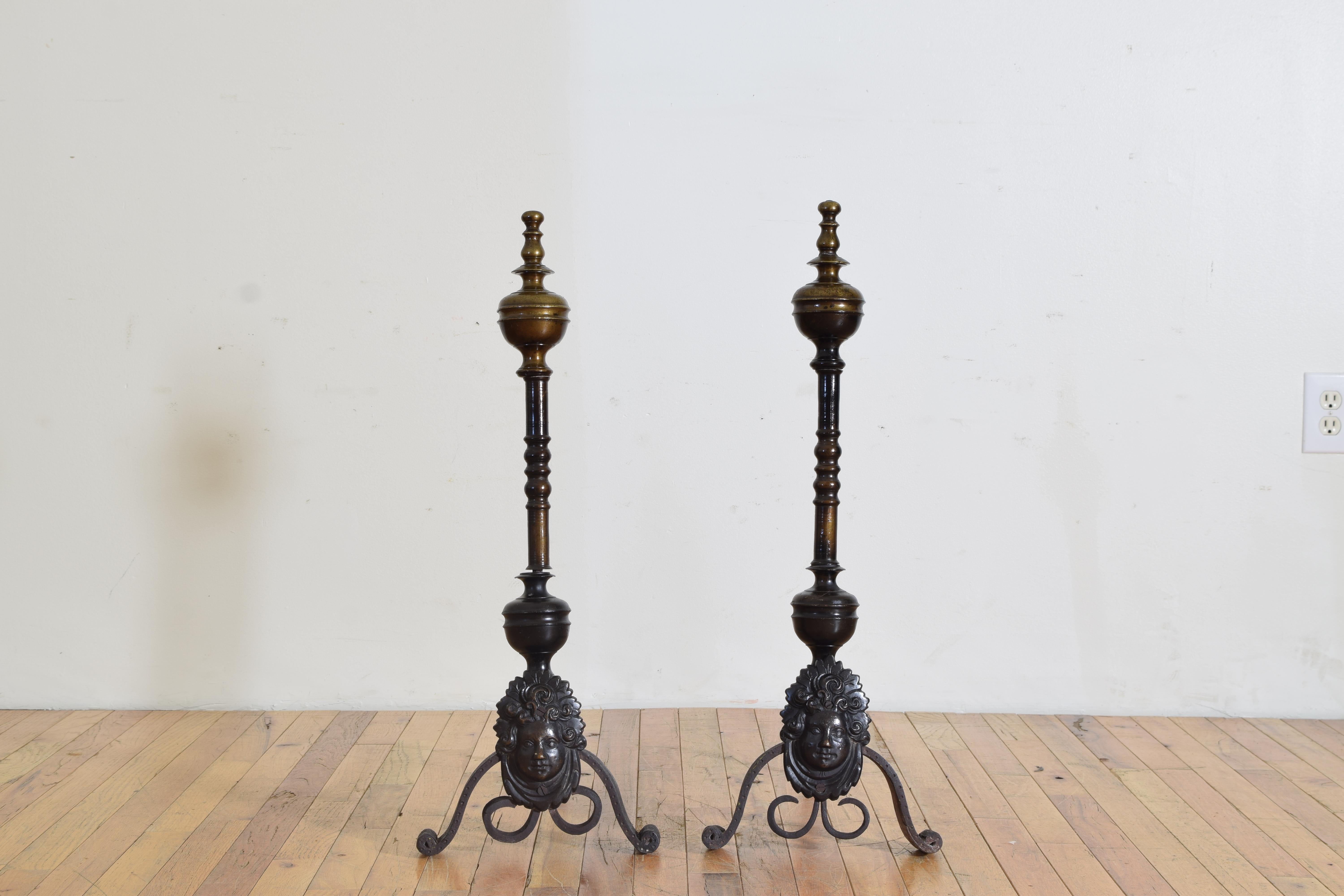 Pair French Louis XIV Period Brass & Wrought Iron Andirons, early 18th century In Good Condition For Sale In Atlanta, GA