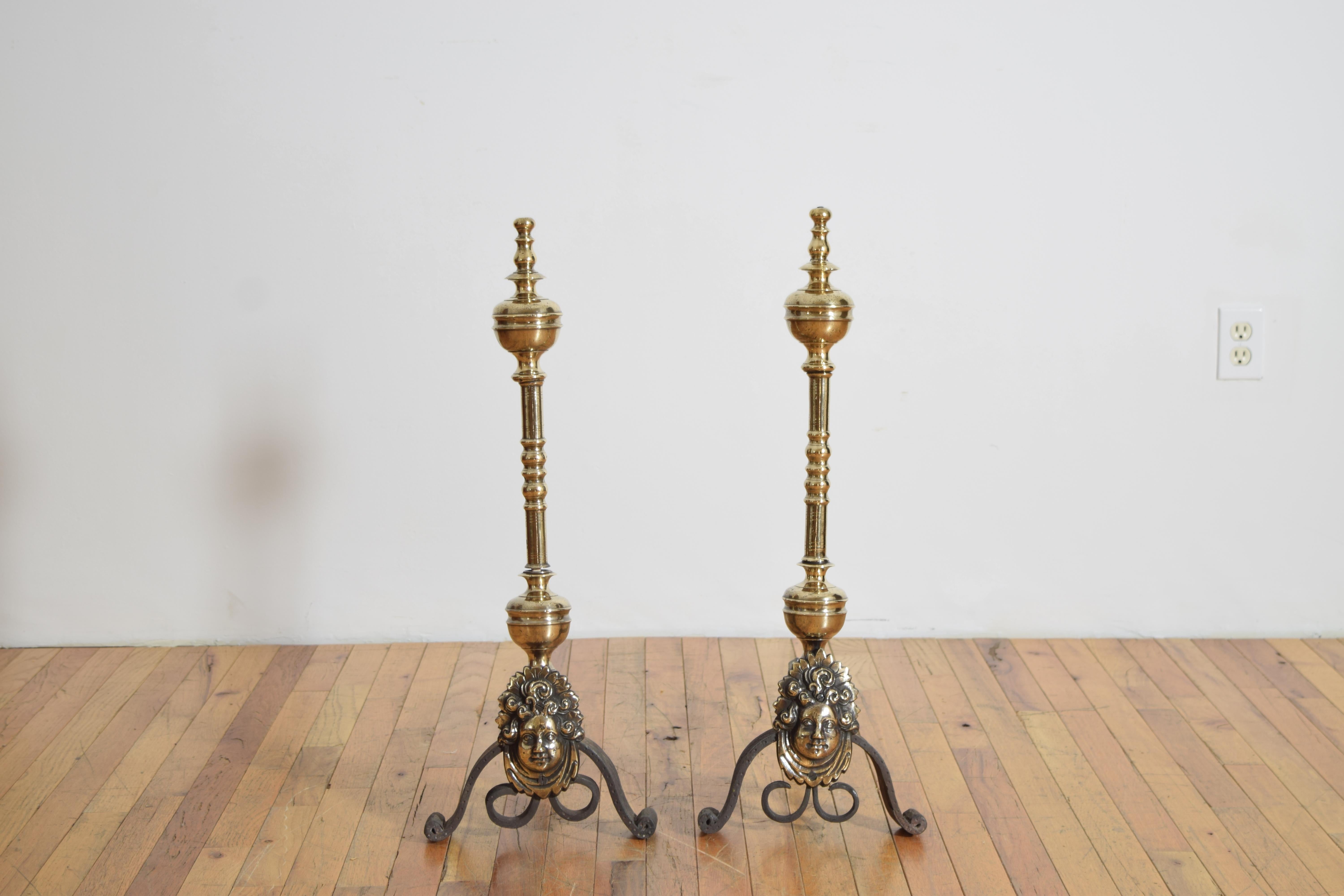 Pair French Louis XIV Period Brass & Wrought Iron Andirons, early 18th century In Good Condition For Sale In Atlanta, GA