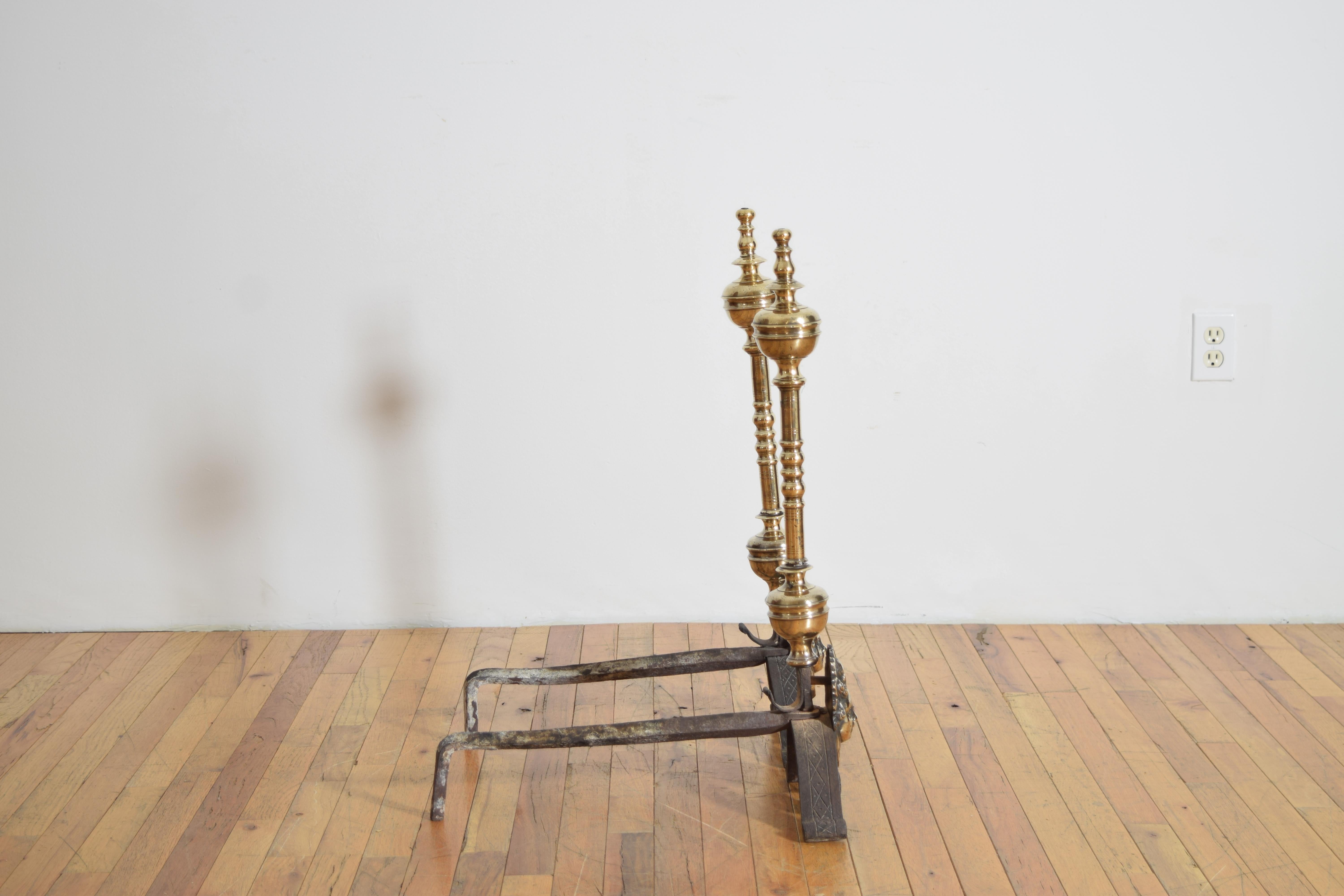 18th Century Pair French Louis XIV Period Brass & Wrought Iron Andirons, early 18th century For Sale