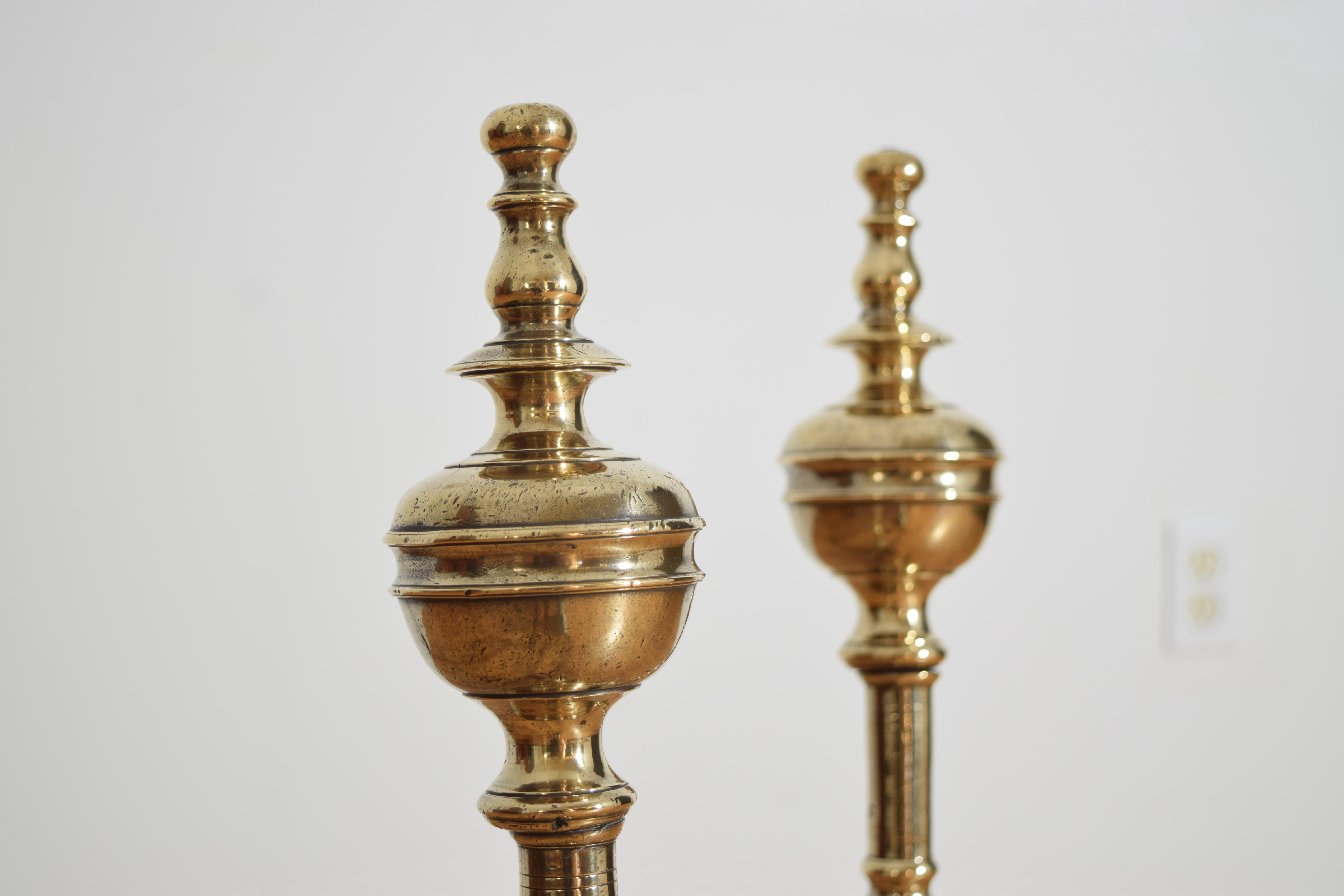 Pair French Louis XIV Period Brass & Wrought Iron Andirons, early 18th century For Sale 1