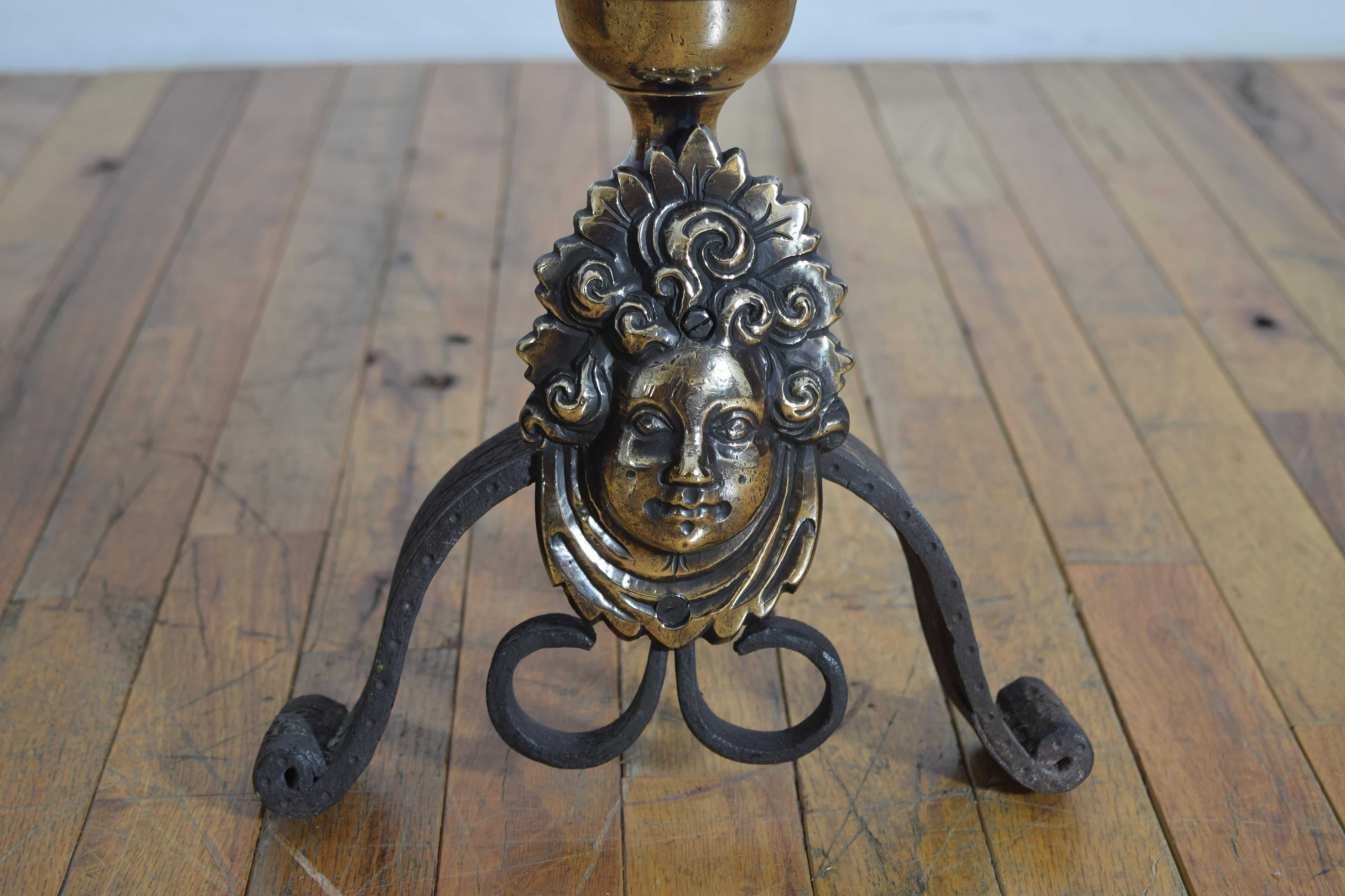 Pair French Louis XIV Period Brass & Wrought Iron Andirons, early 18th century For Sale 3