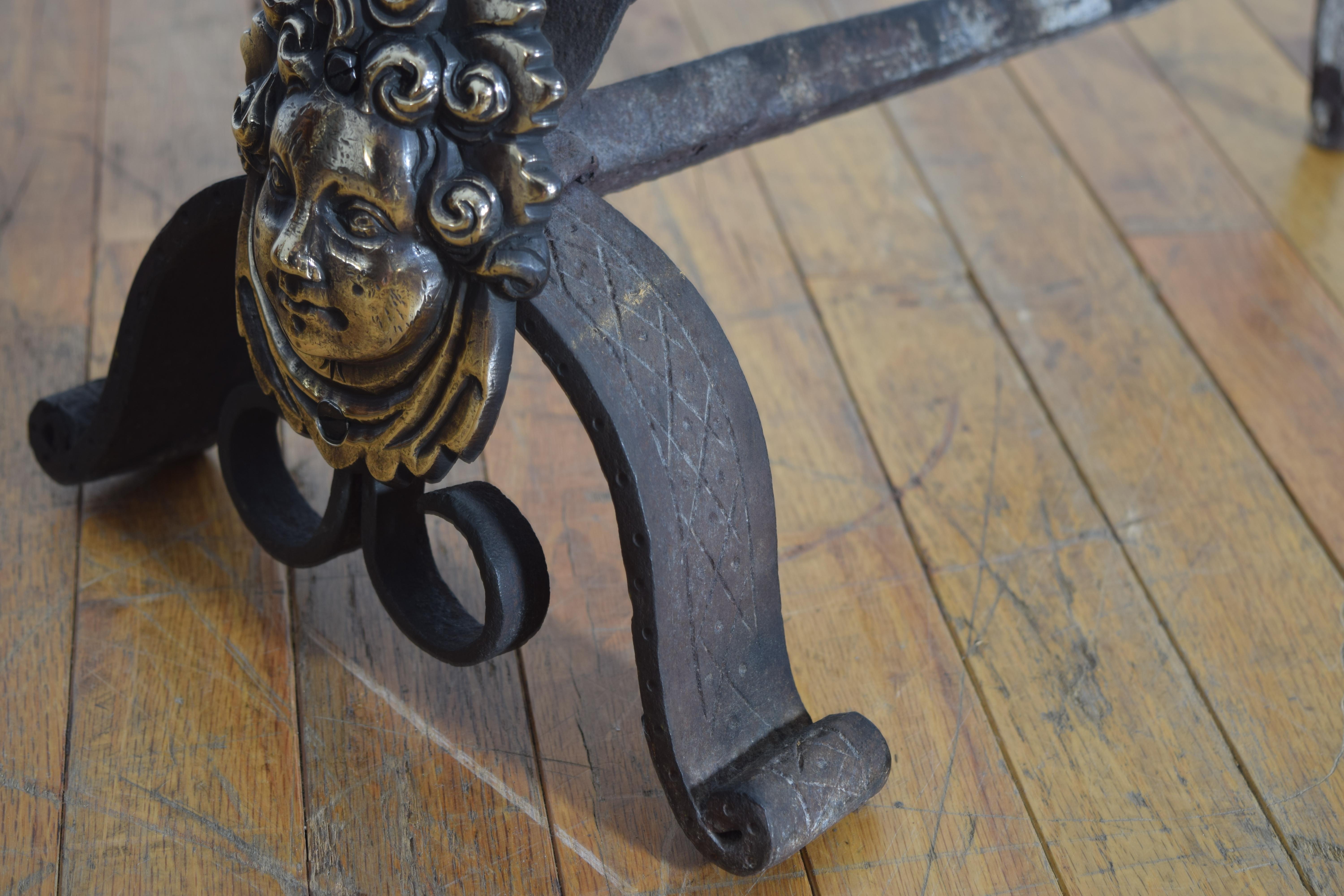 Pair French Louis XIV Period Brass & Wrought Iron Andirons, early 18th century For Sale 4