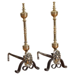 Pair French Louis XIV Period Brass & Wrought Iron Andirons, early 18th century