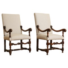 Pair French Louis XIV Period Walnut & Upholstered Fauteuils, ca. 1715