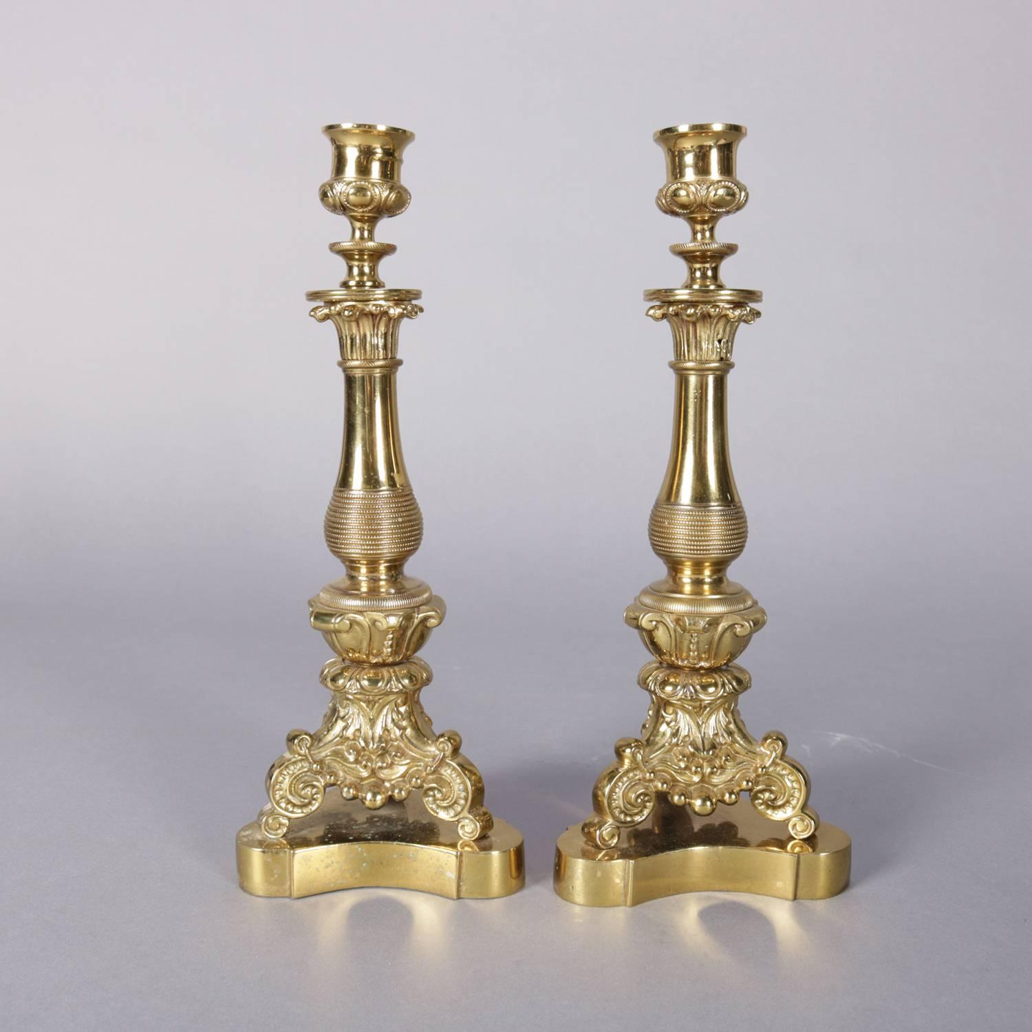 Cast Pair of French Louis XIV Style Corinthian Column Gilt Candlesticks, 19th Century