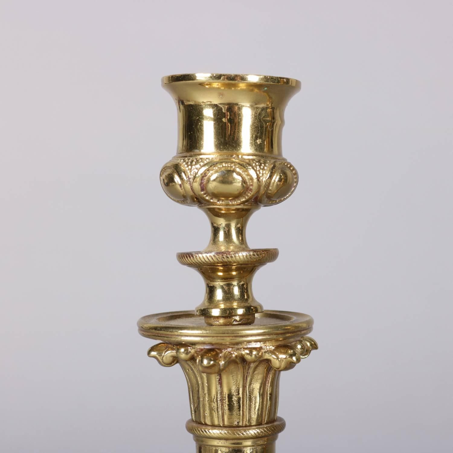 Pair of French Louis XIV Style Corinthian Column Gilt Candlesticks, 19th Century In Good Condition In Big Flats, NY