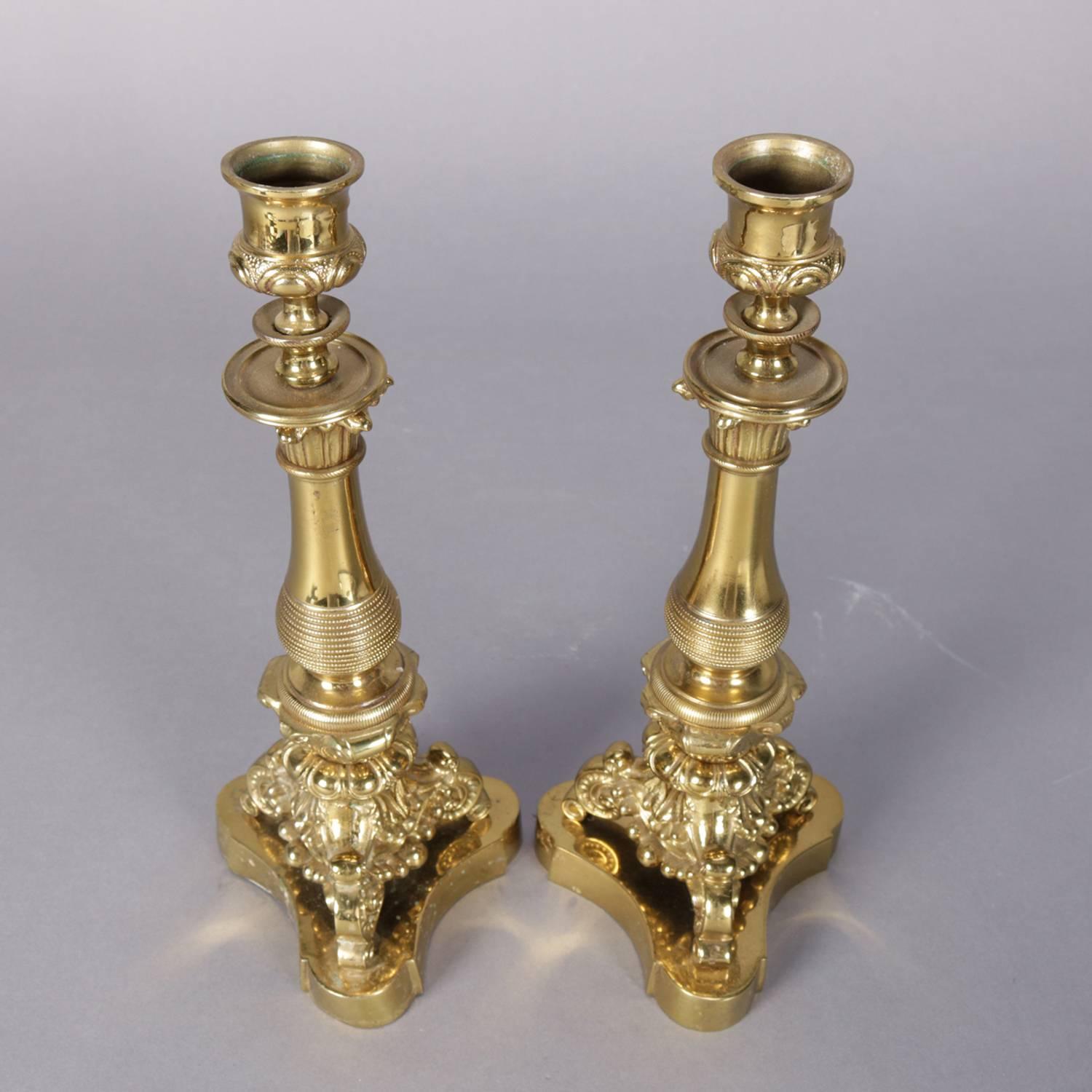 Pair of French Louis XIV Style Corinthian Column Gilt Candlesticks, 19th Century 4