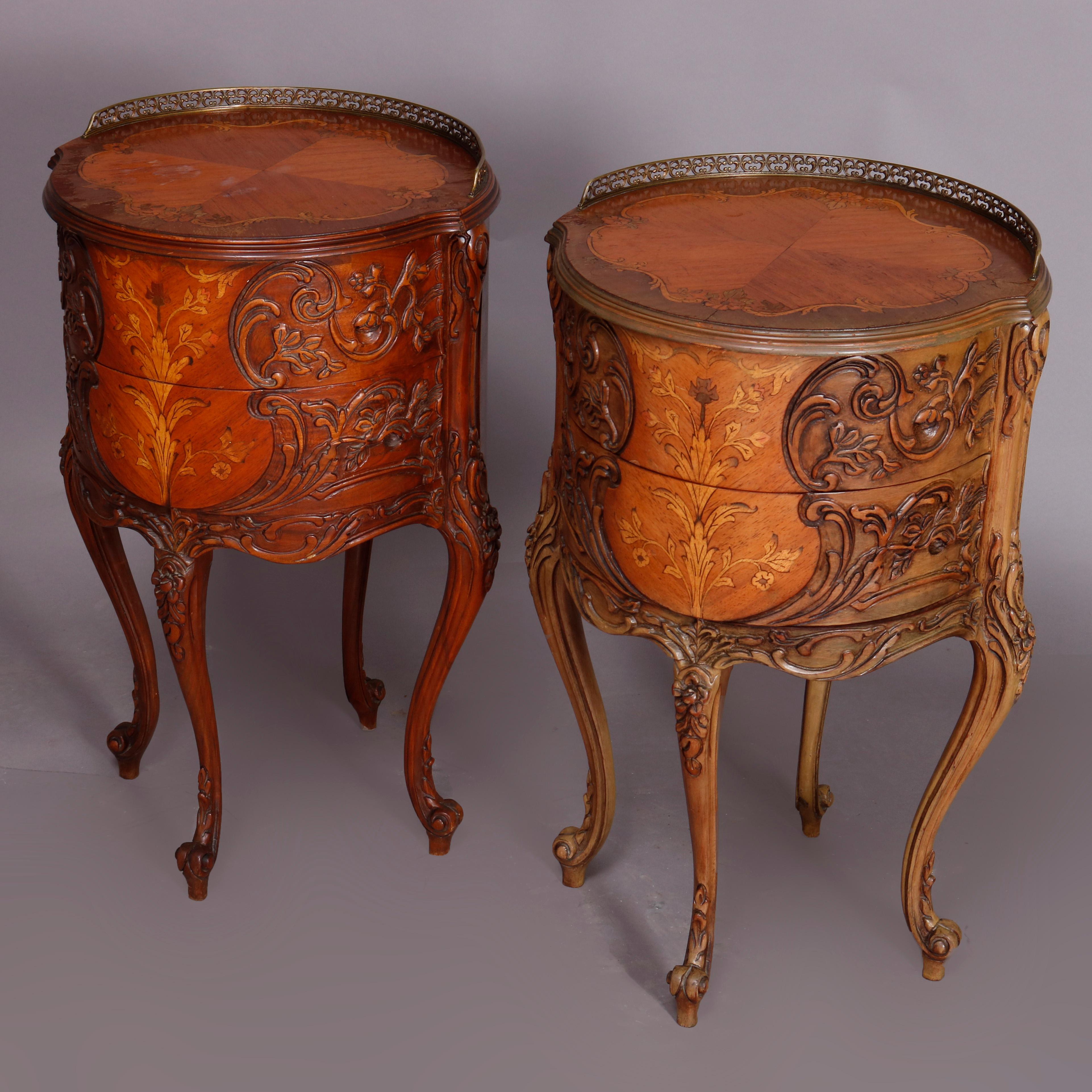 Pair of French Louis XIV Style Cylinder Mahogany Inlaid Marquetry Side Stands In Good Condition In Big Flats, NY