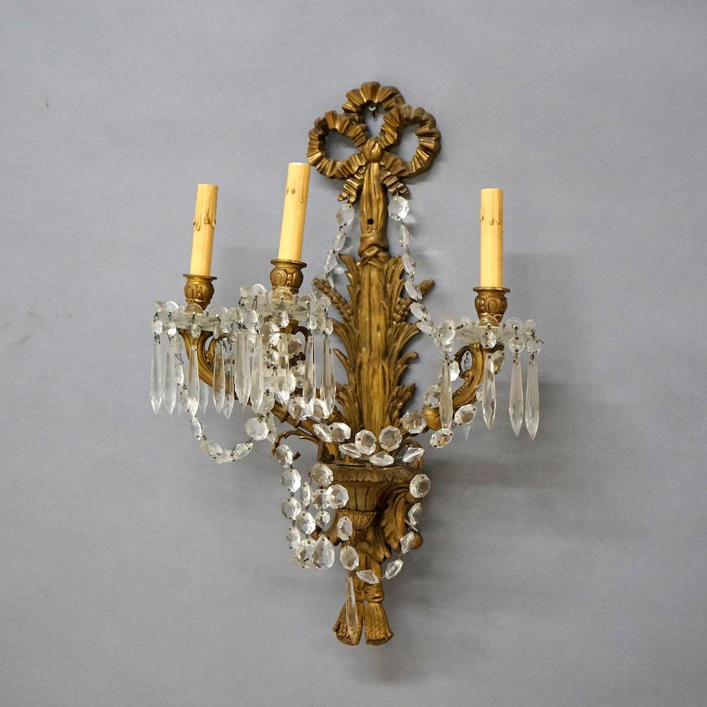 American Pair French Louis XIV Style Gilt Bronzed Metal & Prism Three Light Wall Sconces