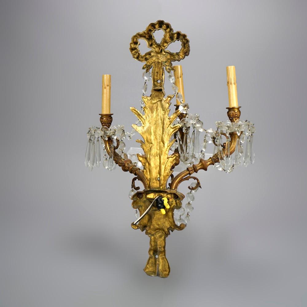 Cast Pair French Louis XIV Style Gilt Bronzed Metal & Prism Three Light Wall Sconces