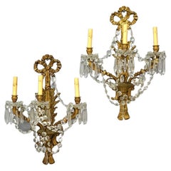 Pair French Louis XIV Style Gilt Bronzed Metal & Prism Three Light Wall Sconces