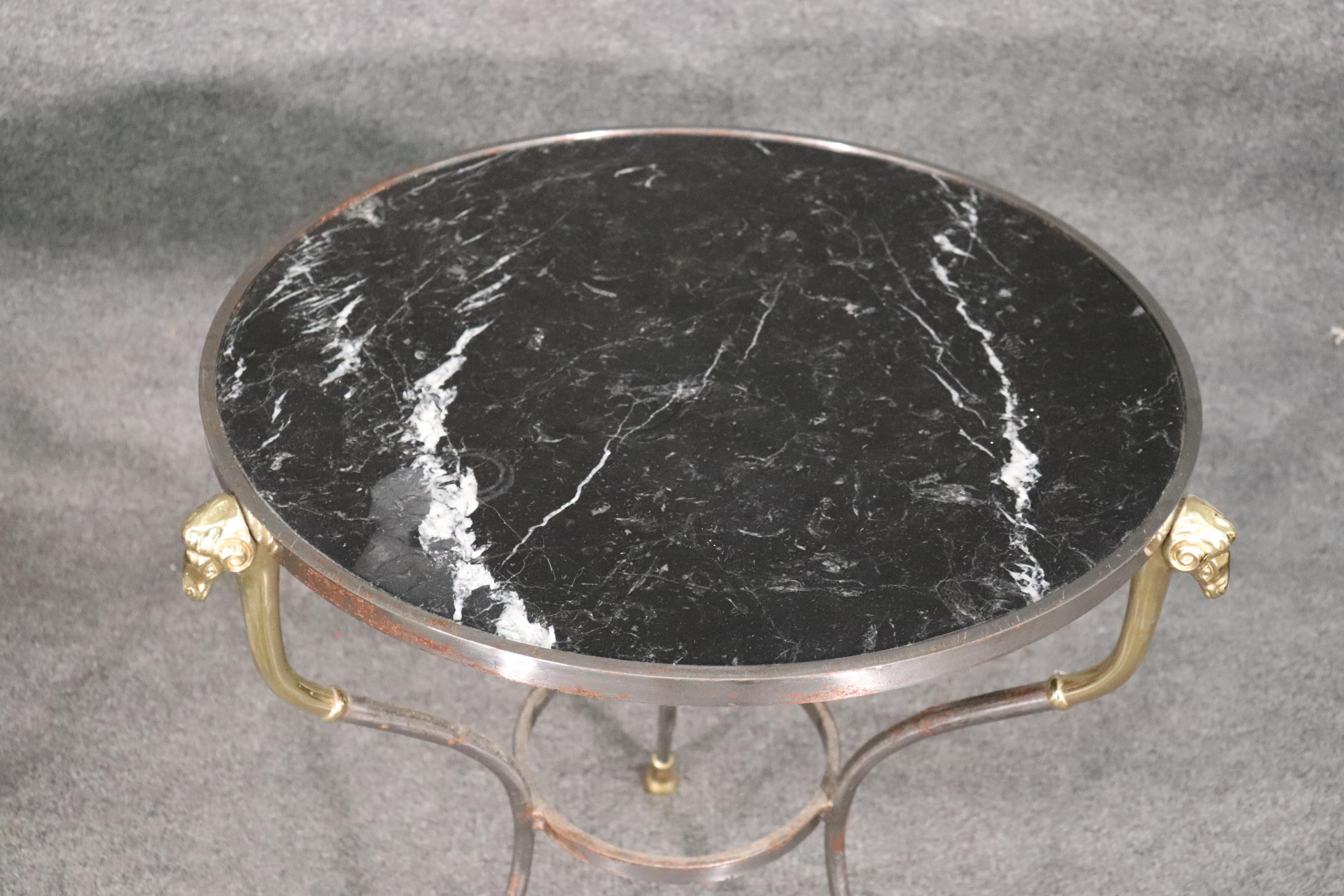 Late 20th Century Pair French Louis XV Black Marble Steel and Brass Rams Head Gueridons End Tables For Sale