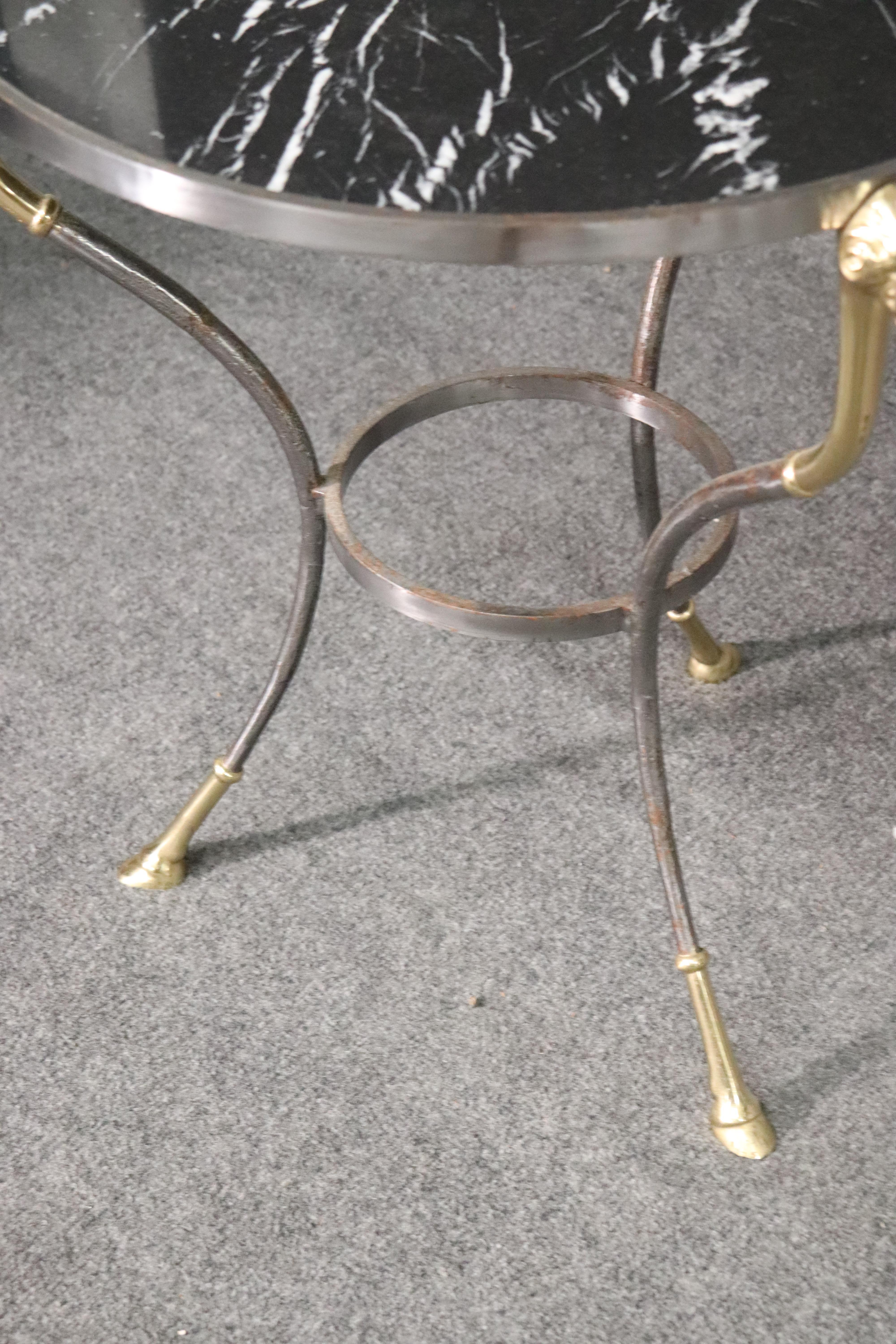 Pair French Louis XV Black Marble Steel and Brass Rams Head Gueridons End Tables For Sale 3