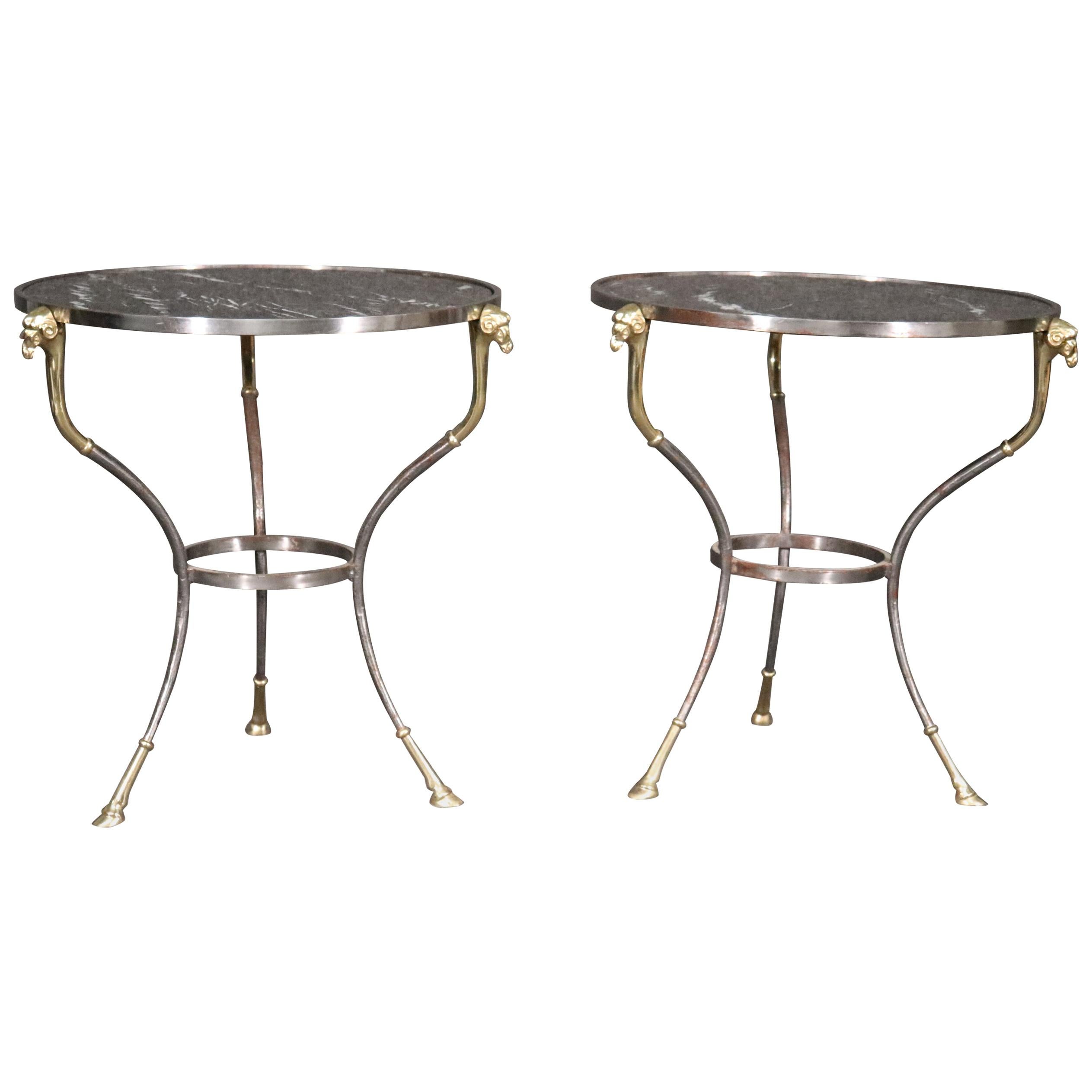 Pair French Louis XV Black Marble Steel and Brass Rams Head Gueridons End Tables For Sale