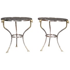 Pair French Louis XV Black Marble Steel and Brass Rams Head Gueridons End Tables