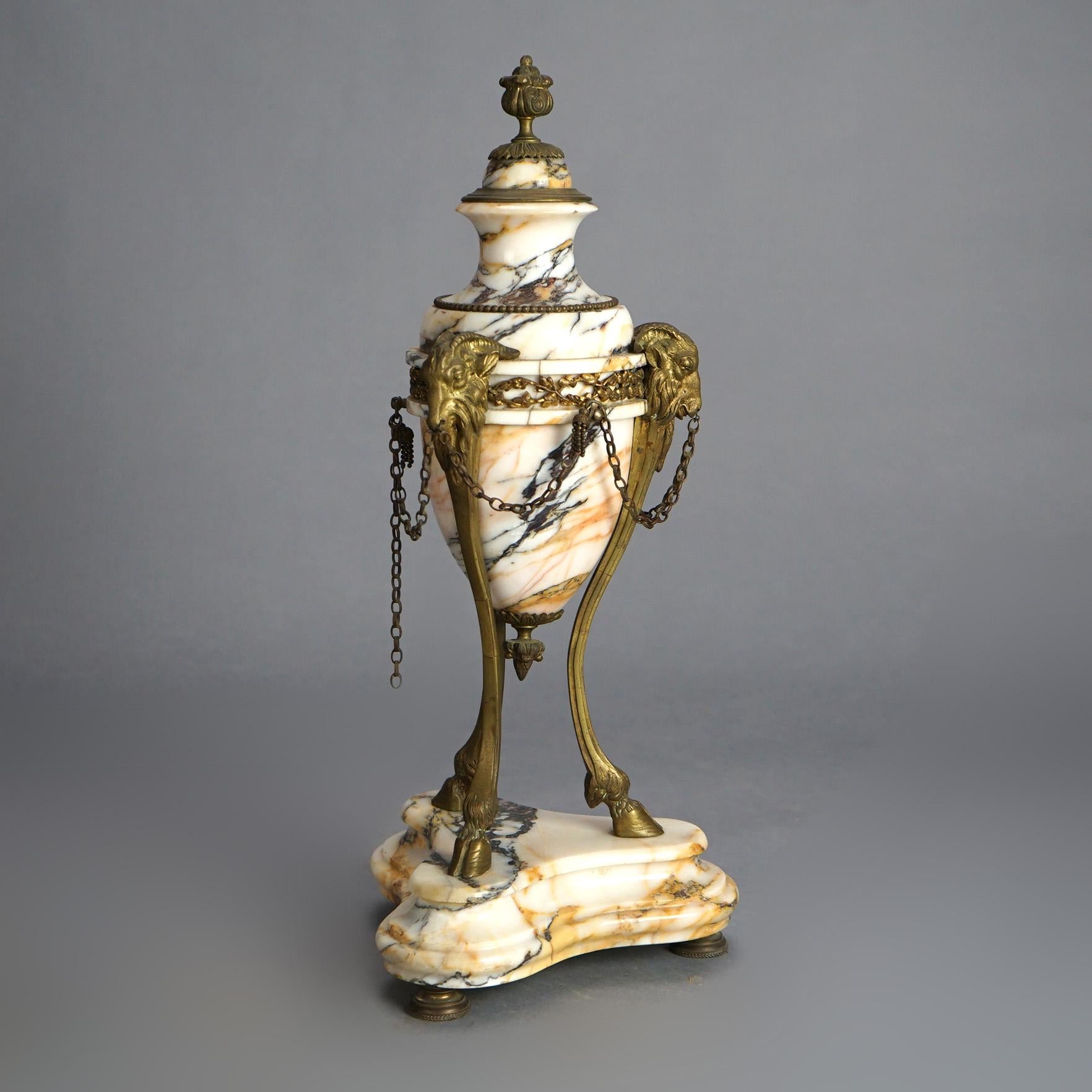 Pair French Louis XV Figural Marble & Bronze Ormolu Mantle Urns with Rams 19thC In Good Condition In Big Flats, NY