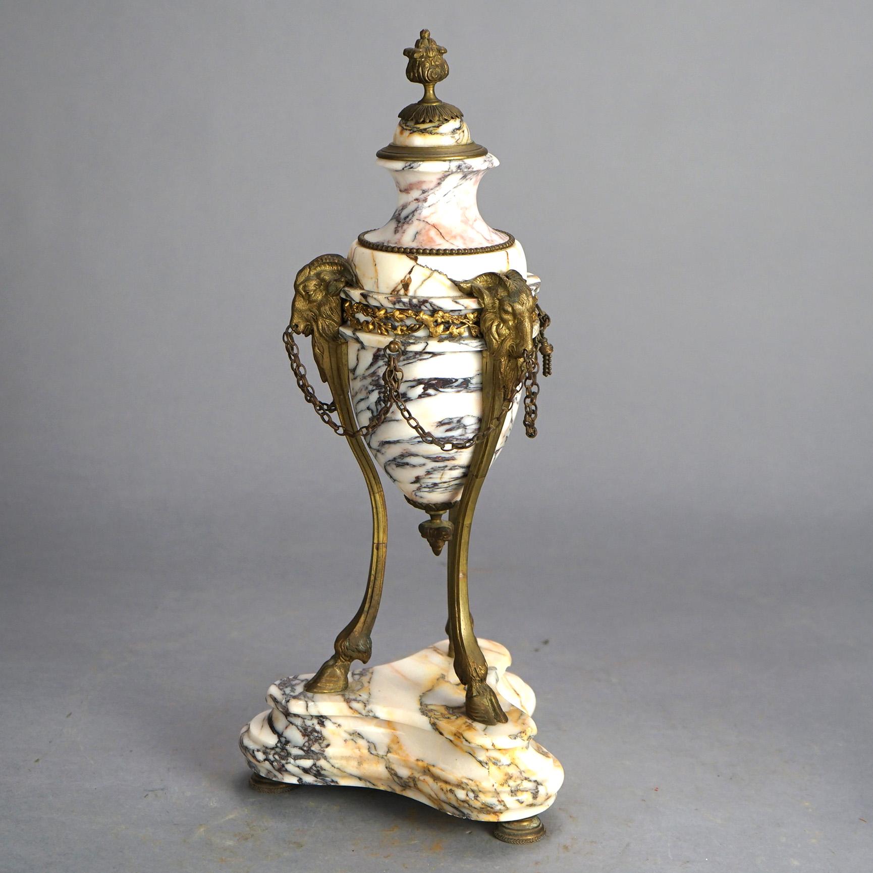 19th Century Pair French Louis XV Figural Marble & Bronze Ormolu Mantle Urns with Rams 19thC