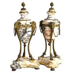 Pair French Louis XV Figural Marble & Bronze Ormolu Mantle Urns with Rams 19thC